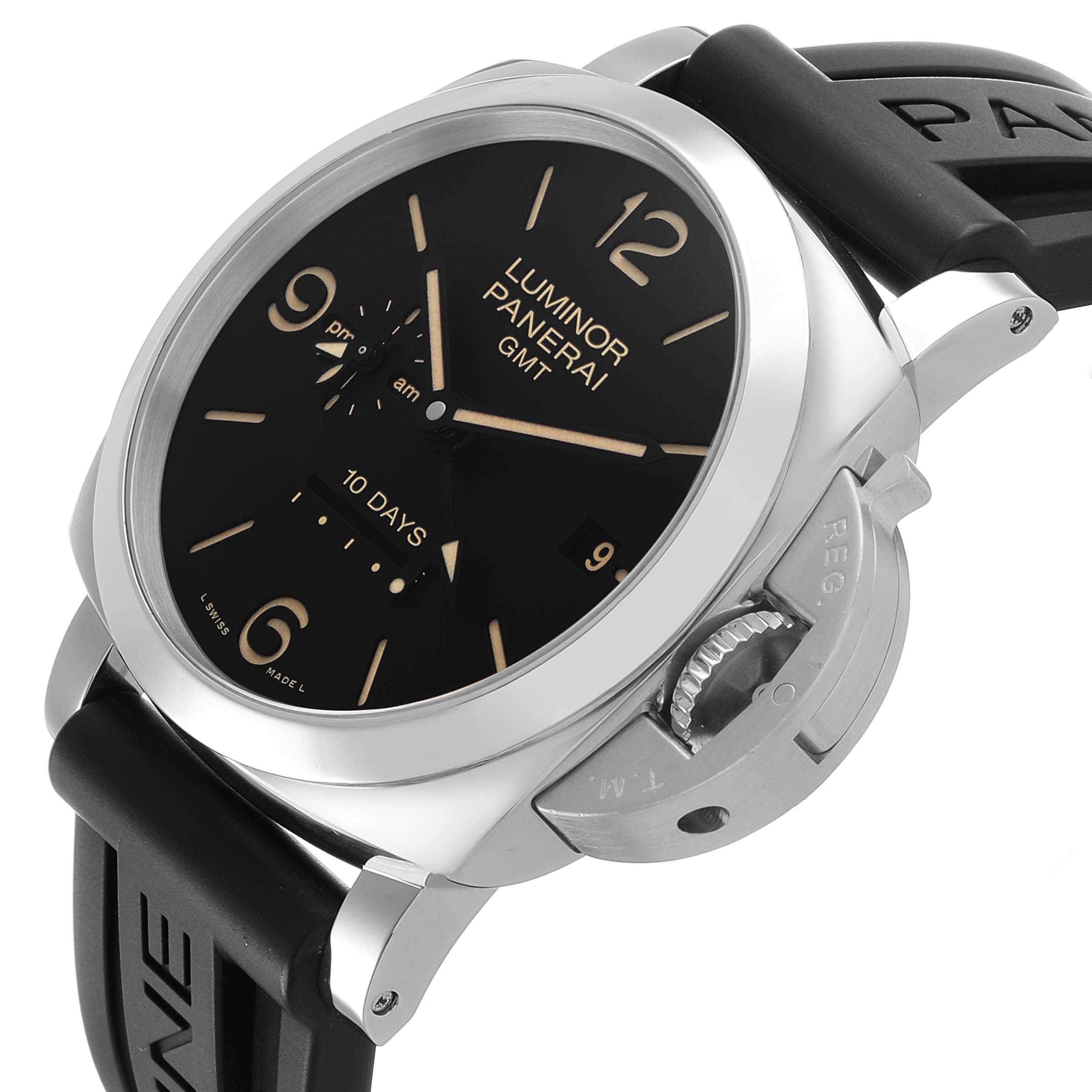 The image shows a Panerai Luminor PAM00533 Men's Stainless Steel Black Dial watch at a side angle, highlighting the dial, black strap, and crown guard.