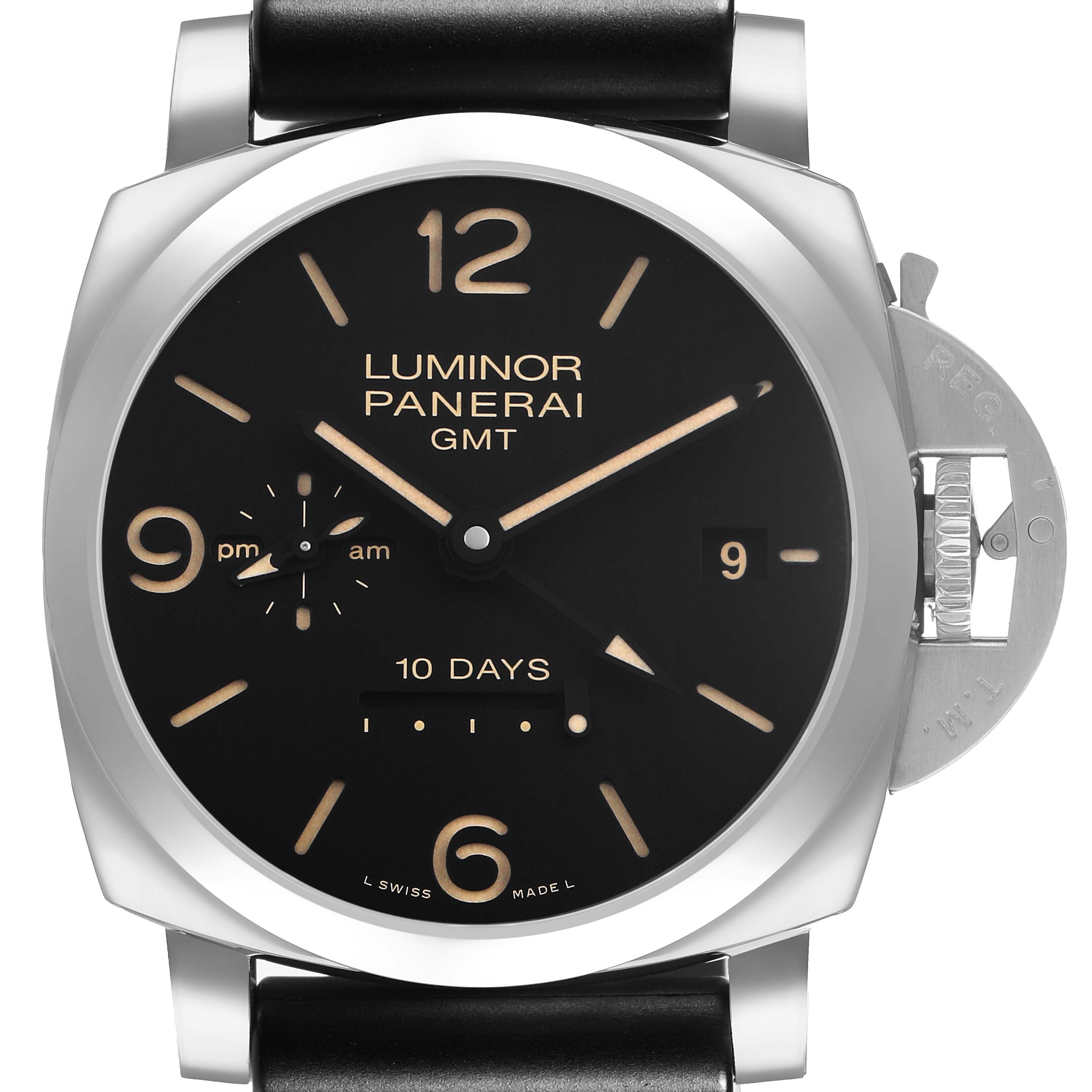 The image shows a front view of a Panerai Luminor PAM00533 Men's Stainless Steel Black Dial watch, highlighting its dial, crown guard, and leather strap.
