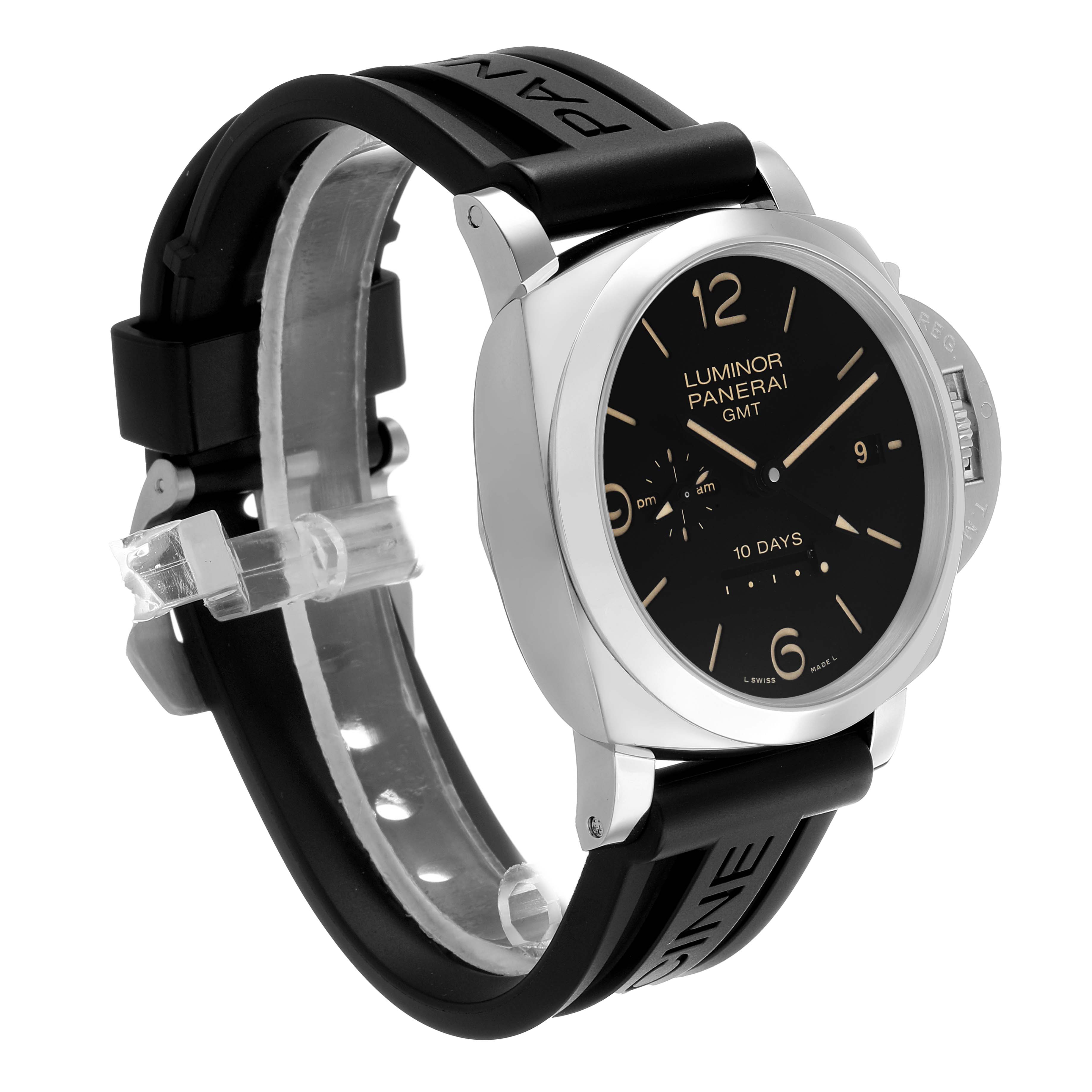 The Panerai Luminor PAM00533 Men's Stainless Steel Black Dial watch is shown at a three-quarter angle, highlighting the dial, bezel, crown guard, and strap.