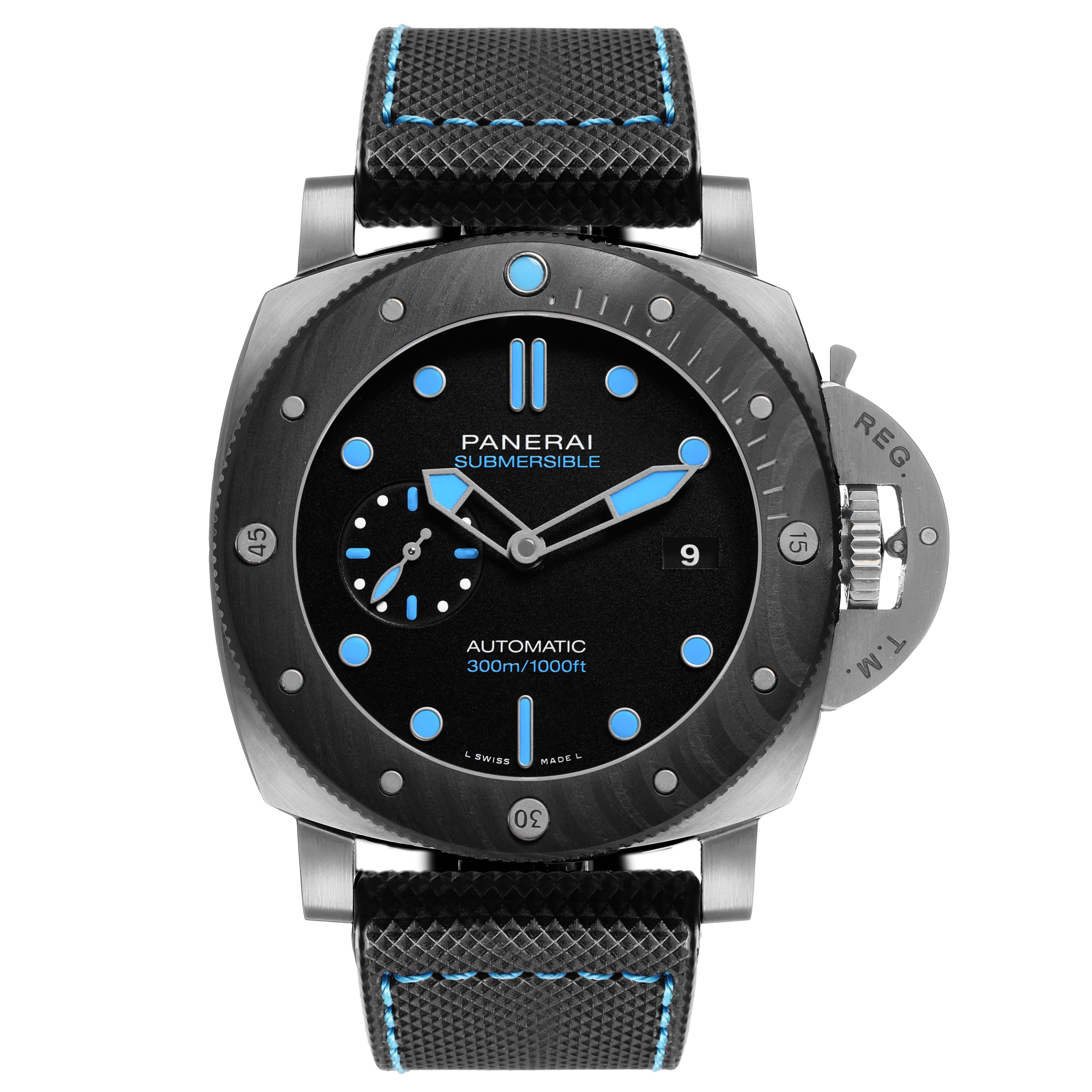 The Panerai Submersible PAM00799 Men's Titanium Black Dial watch is shown from a front angle, featuring the bezel, dial, hands, and strap details.