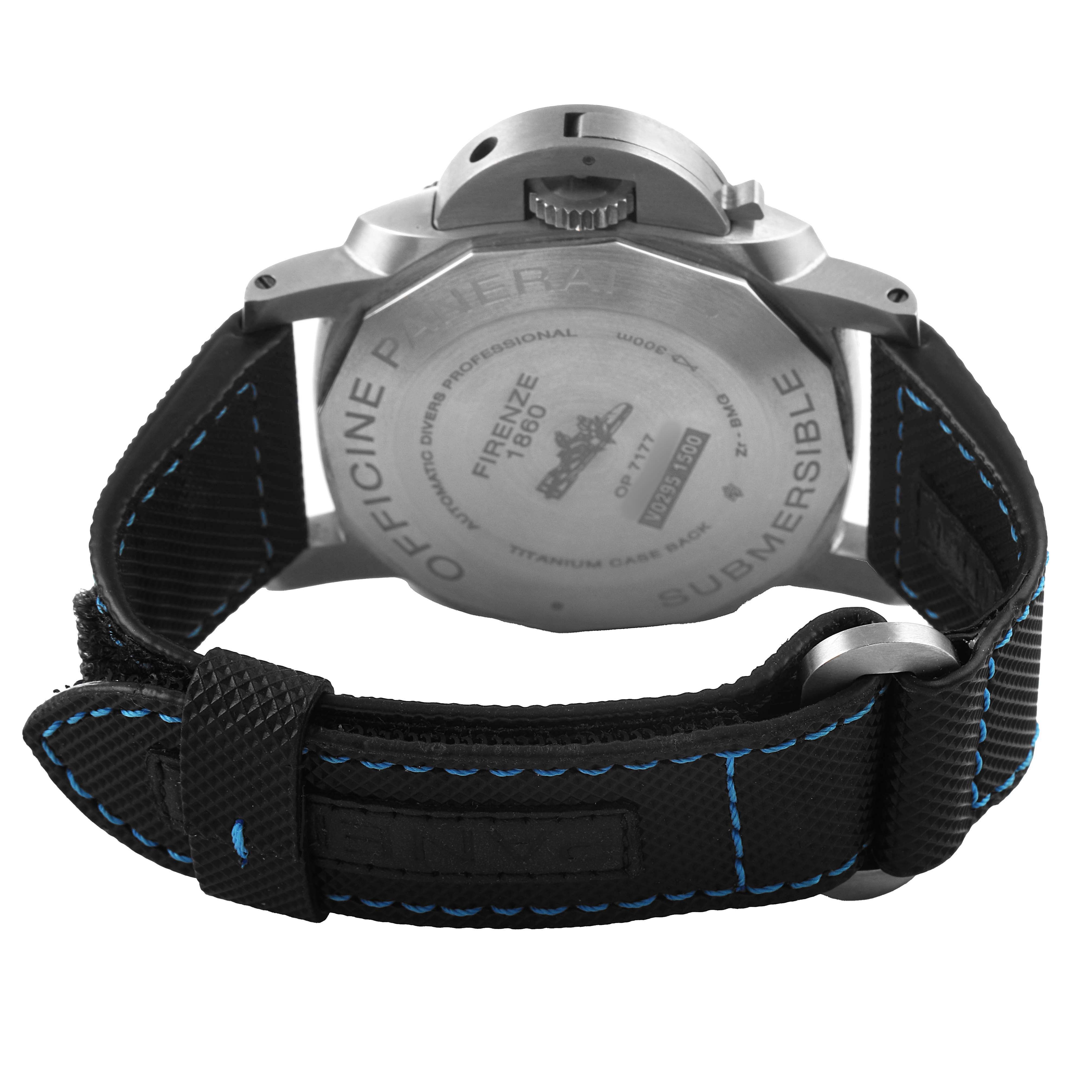 The image shows the back of a Panerai Submersible PAM00799 Men's Titanium Black Dial watch, highlighting the case back and the strap with blue stitching.