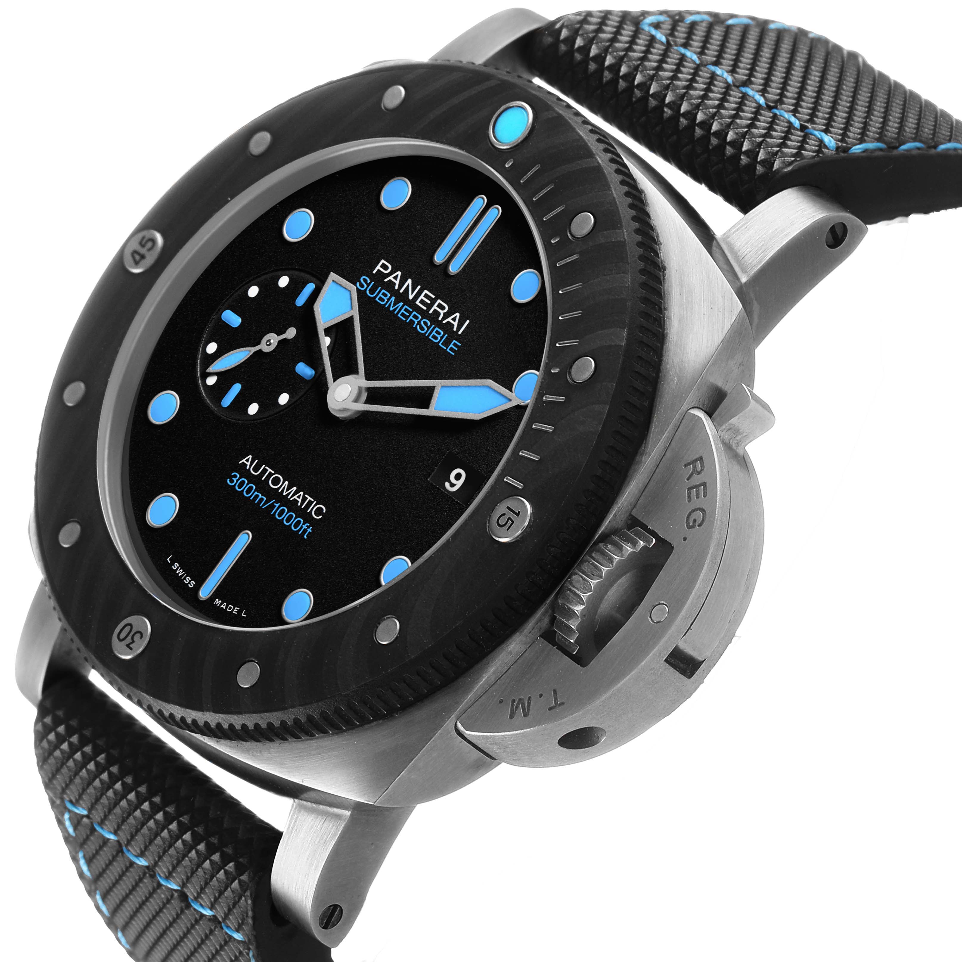 The Panerai Submersible PAM00799 Men's Titanium Black Dial is shown from a side angle, highlighting the watch face, crown guard, and a portion of the strap.