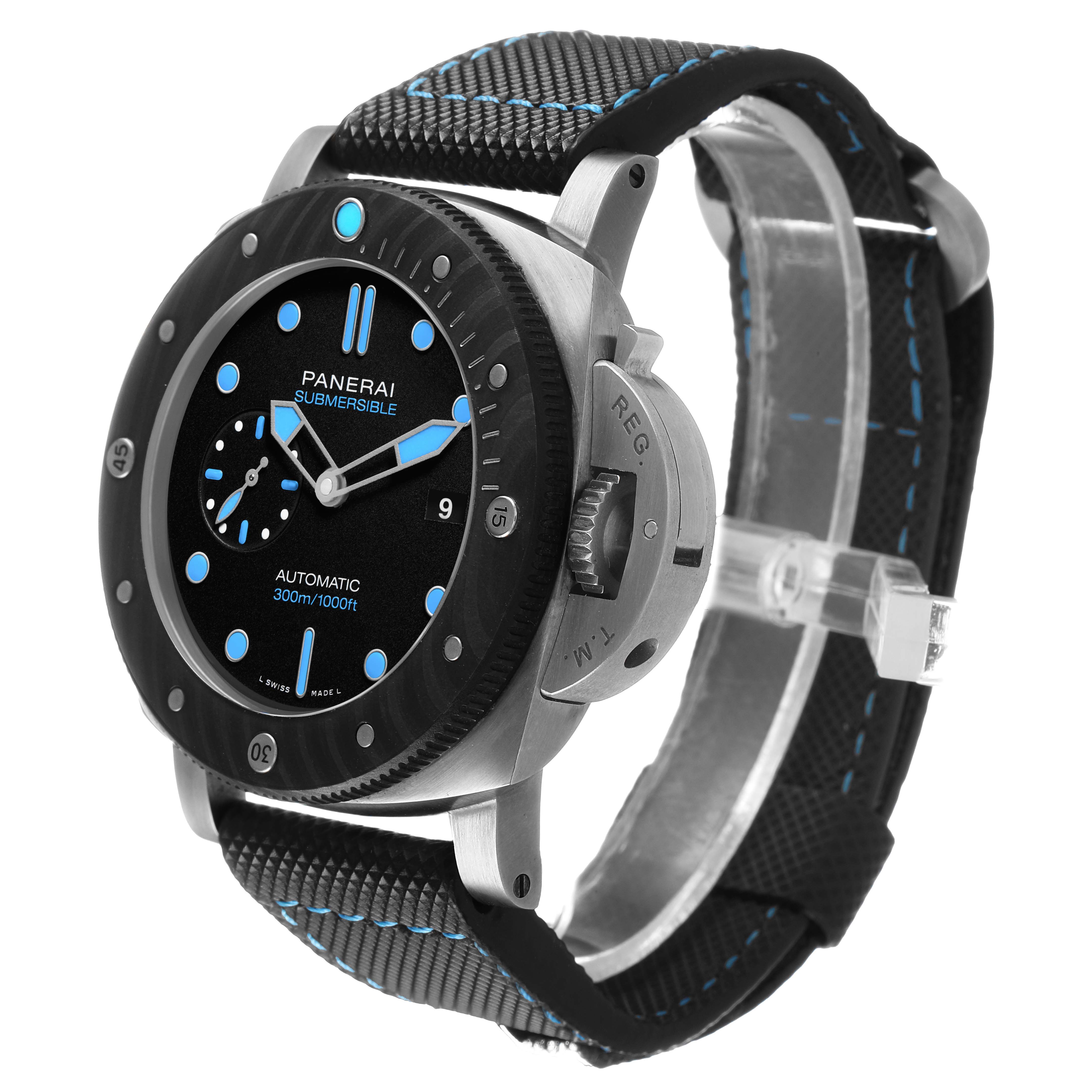 The Panerai Submersible PAM00799 Men's Titanium Black Dial watch is shown at a three-quarter angle, highlighting the dial, bezel, and strap details.