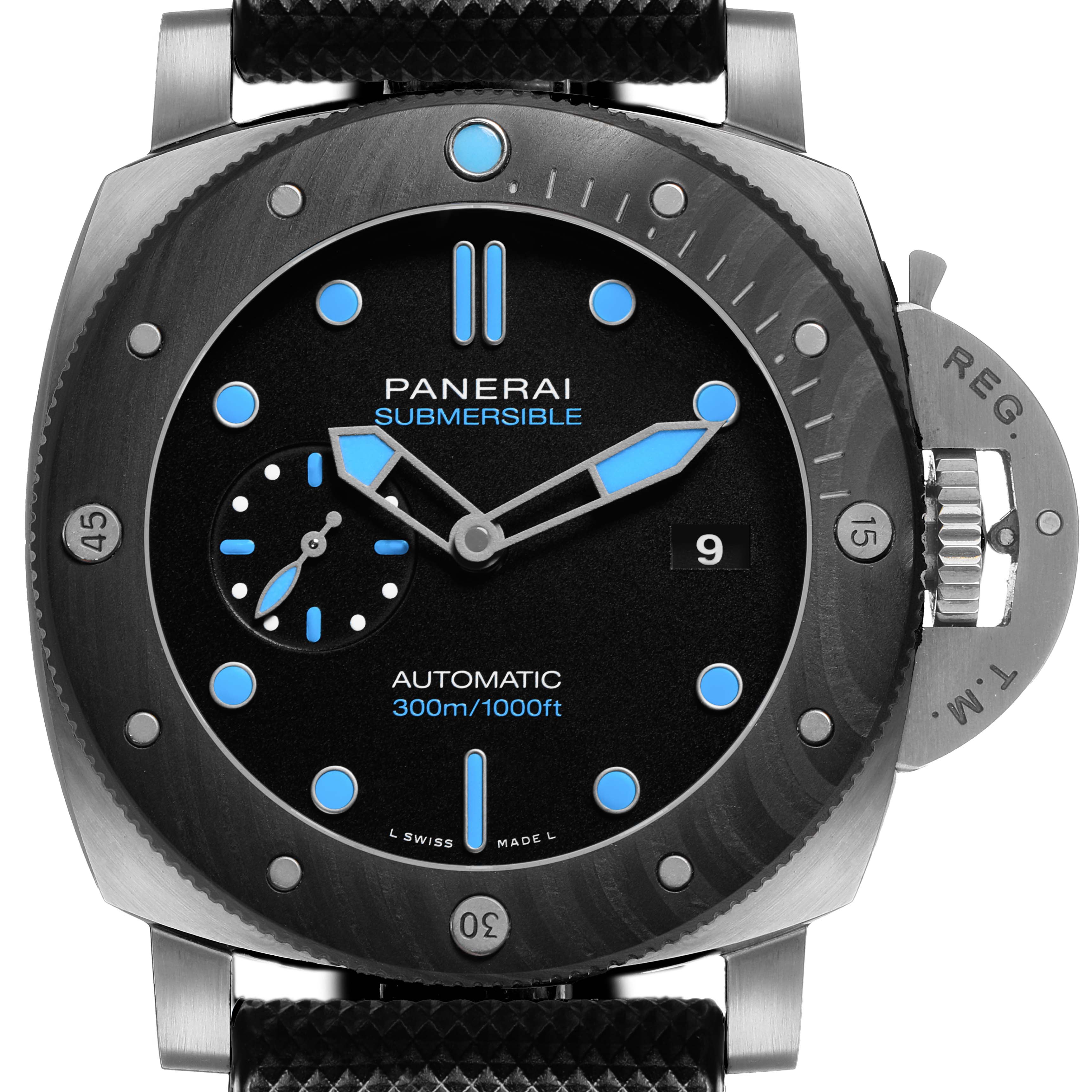The image shows a front view of the Panerai Submersible PAM00799 Men's Titanium Black Dial watch, highlighting the dial, bezel, and crown guard.