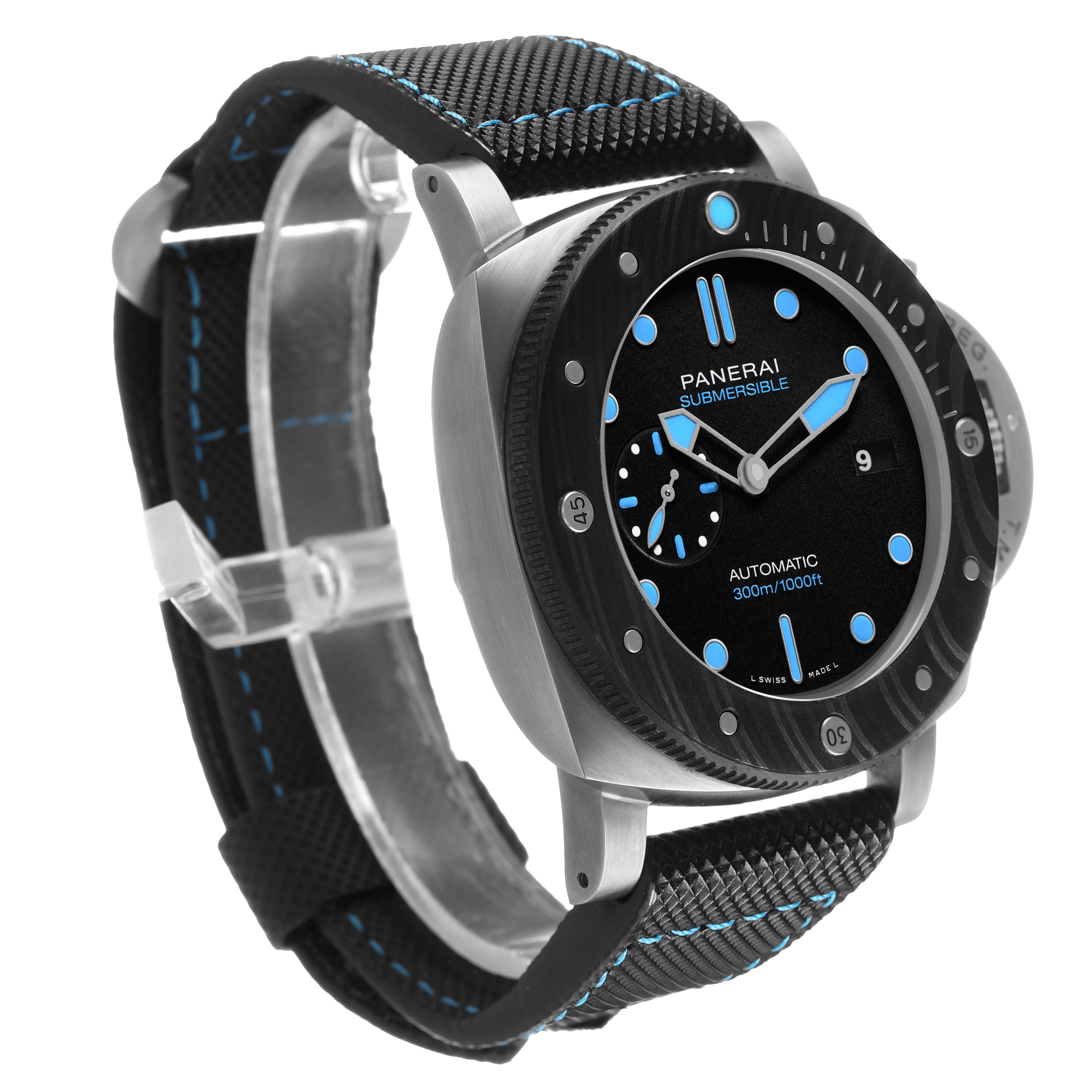 The Panerai Submersible PAM00799 Men's Titanium Black Dial watch is shown in a three-quarter angle displaying the face, bezel, crown, and strap with blue accents.