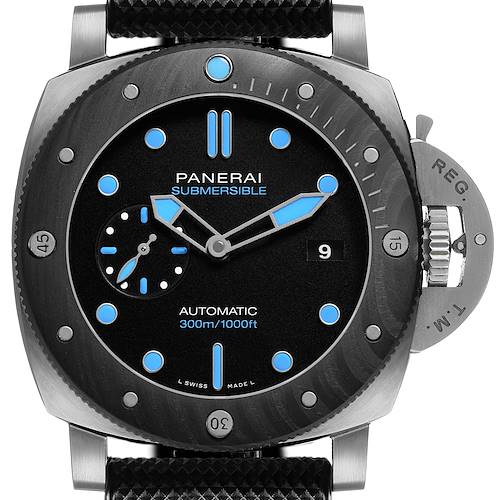 The Panerai Submersible PAM00799 Men's Titanium Black Dial watch is shown from a front angle, displaying the dial, bezel, crown guard, and strap attachment.