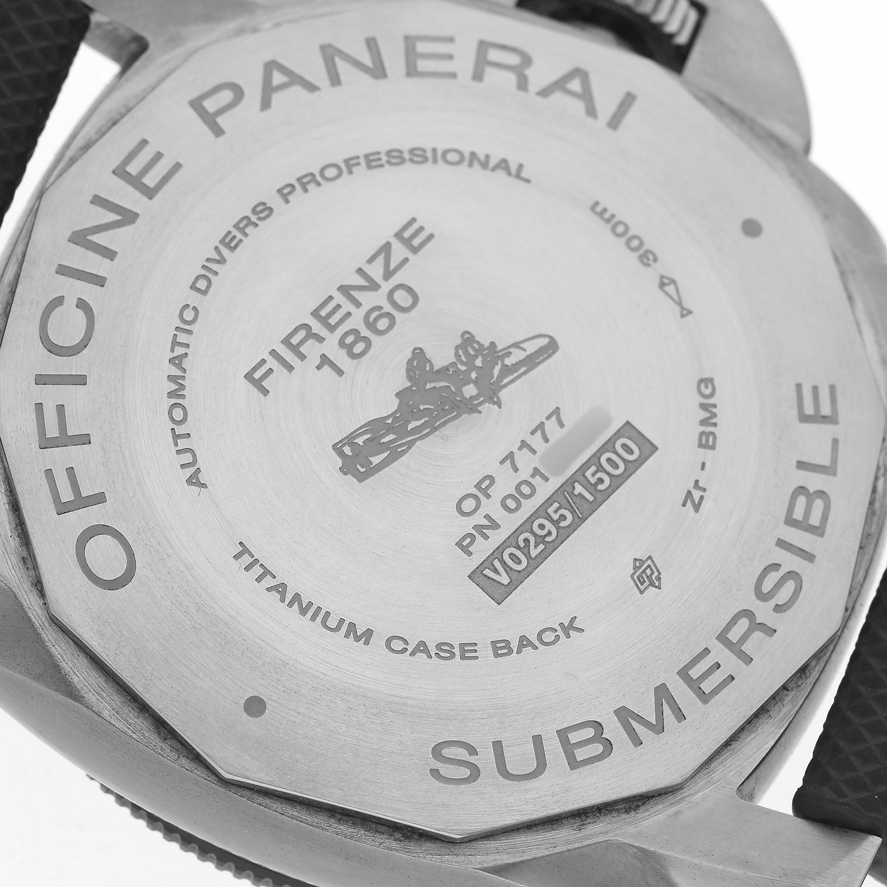 The image shows the back case of a Panerai Submersible PAM00799 Men's Titanium Black Dial watch, highlighting its titanium construction and engraving details.