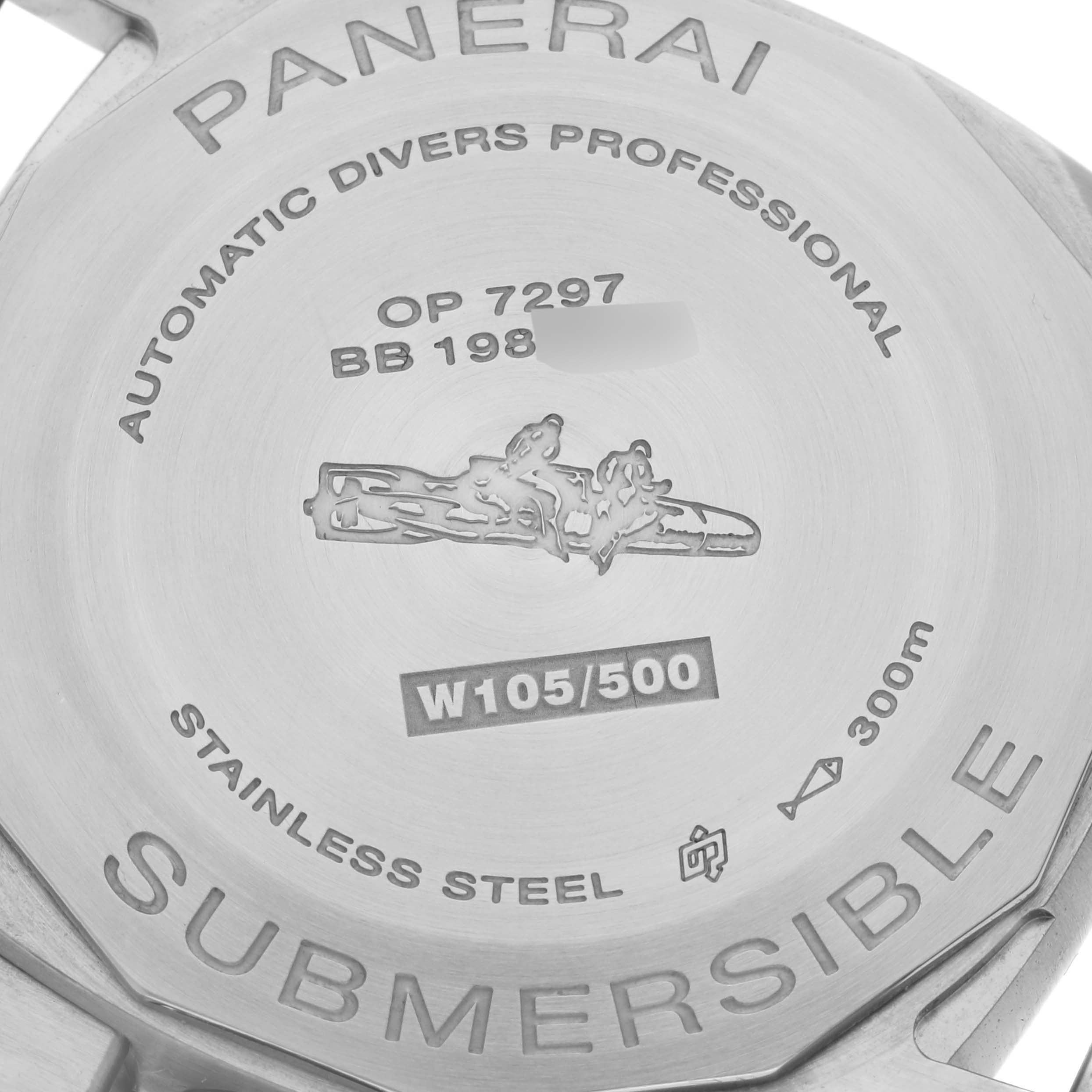 The image shows the back of a Panerai Submersible PAM01209 Men's Stainless Steel Black Dial PAM01209 Men's Stainless Steel Black Dial watch displaying engravings and specifications.
