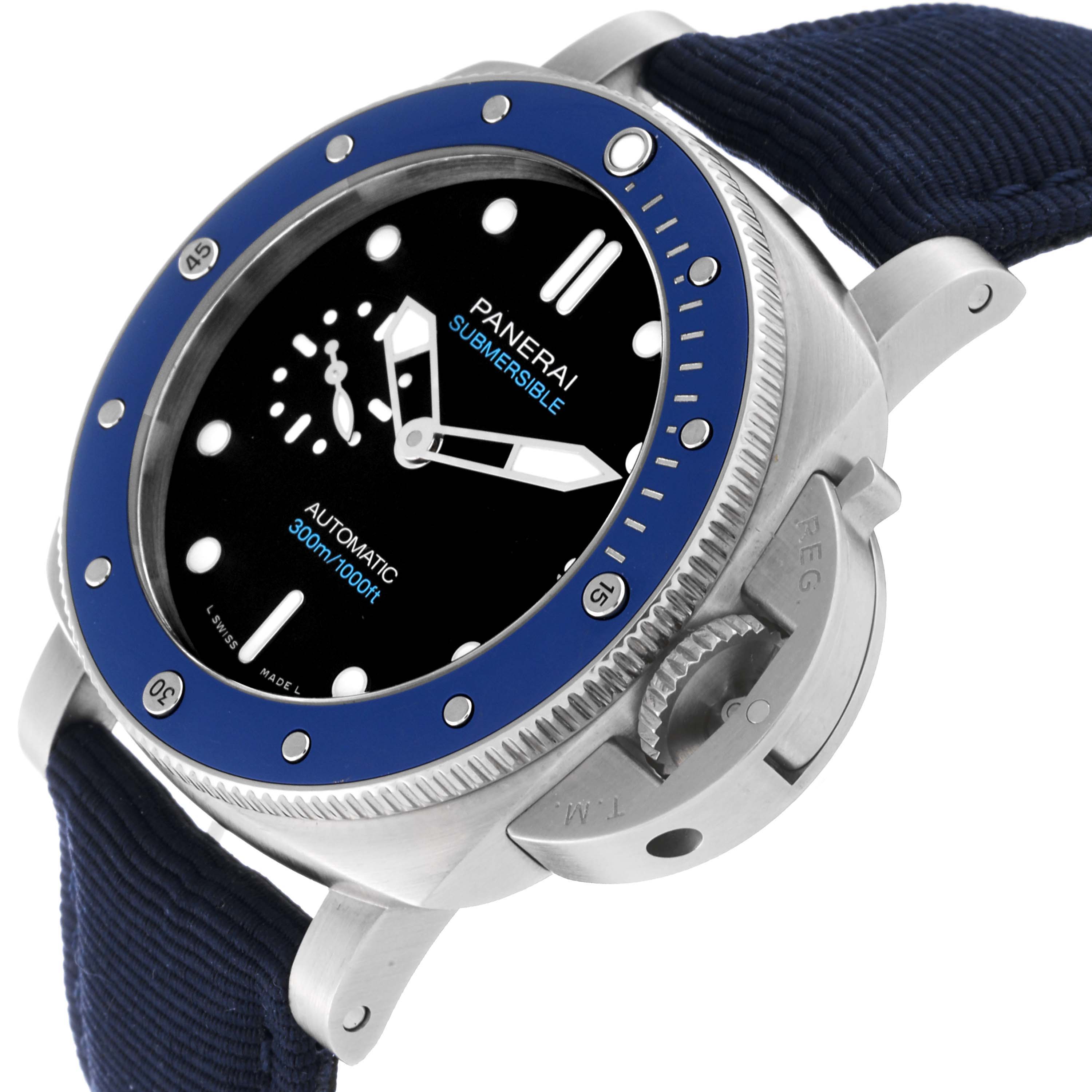 This image shows a Panerai Submersible PAM01209 Men's Stainless Steel Black Dial PAM01209 Men's Stainless Steel Black Dial watch from a front angle, highlighting its bezel, dial, crown, and strap.