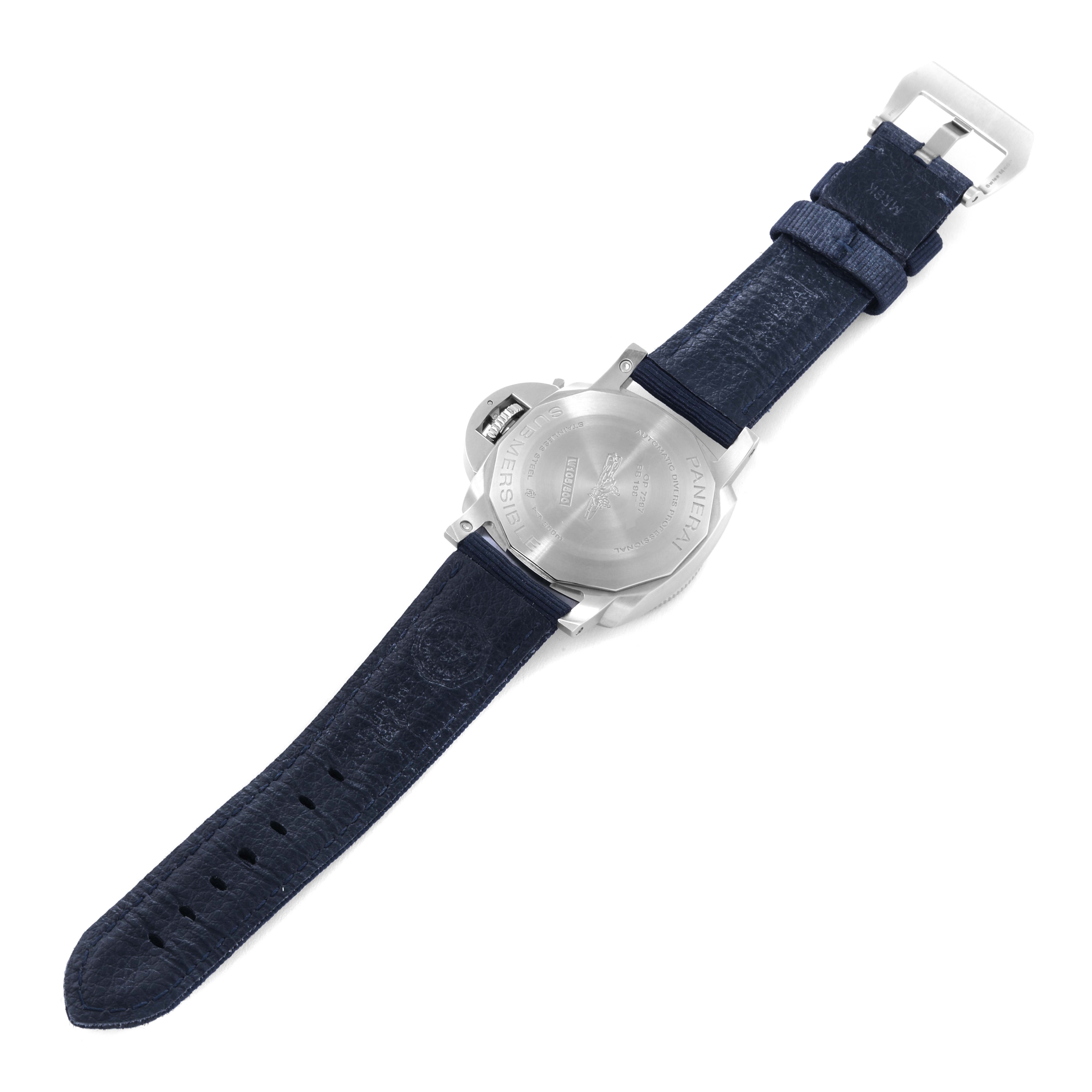 The image shows the back view of a Panerai Submersible PAM01209 Men's Stainless Steel Black Dial PAM01209 Men's Stainless Steel Black Dial watch, focusing on the case back and straps.