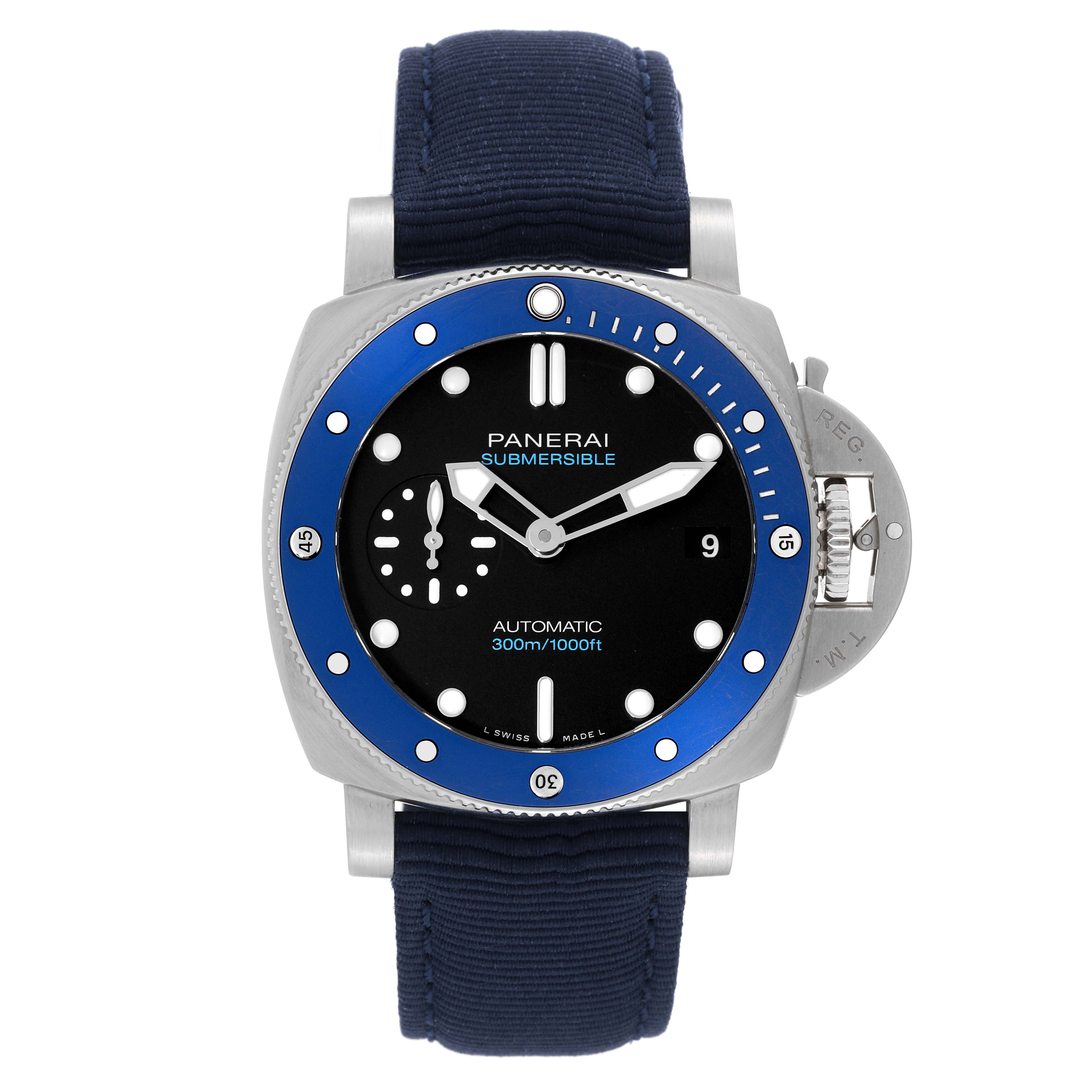 The image shows a frontal view of the Panerai Submersible PAM01209 Men's Stainless Steel Black Dial PAM01209 Men's Stainless Steel Black Dial watch, highlighting its blue bezel, black dial, and navy strap.