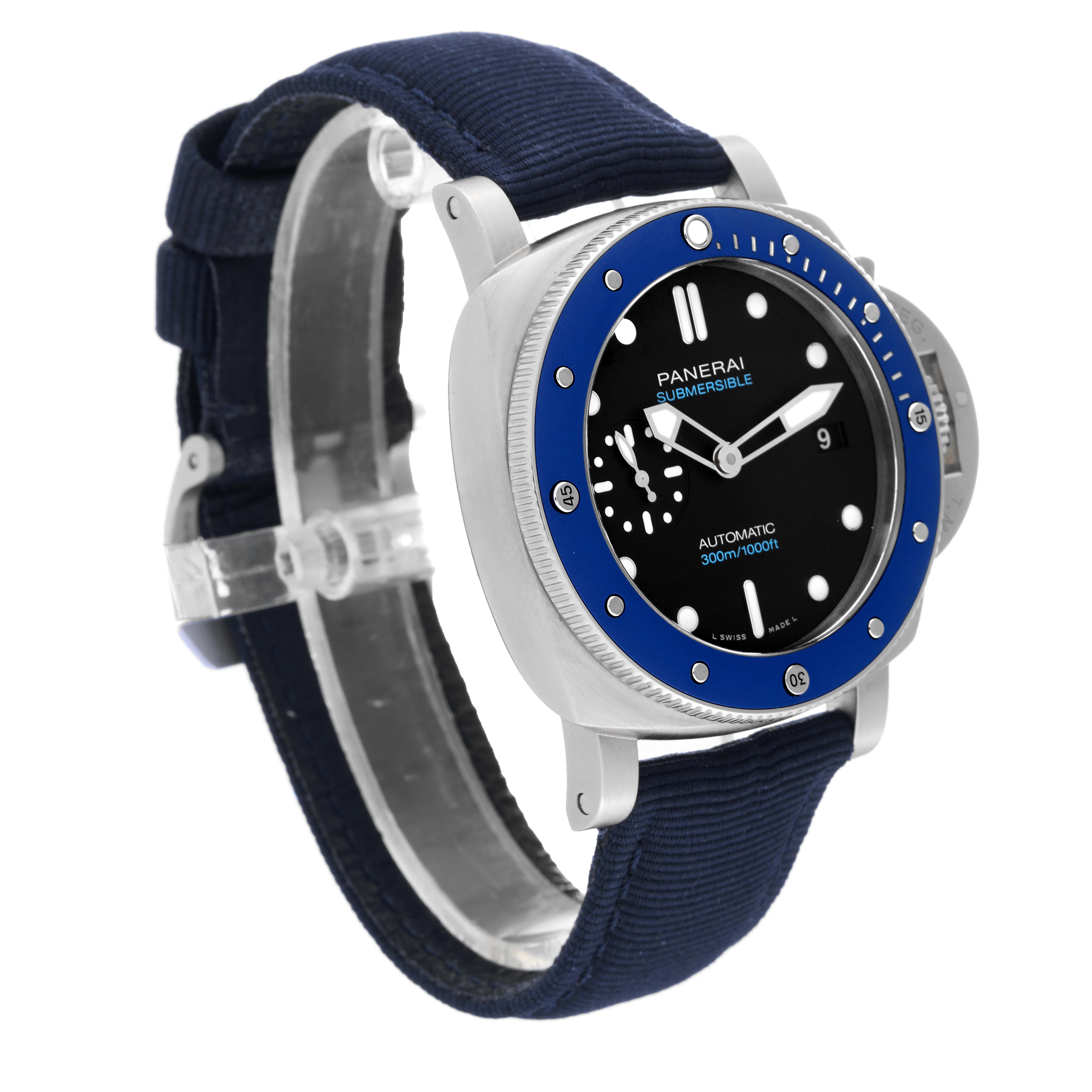 The image displays a Panerai Submersible PAM01209 Men's Stainless Steel Black Dial PAM01209 Men's Stainless Steel Black Dial watch at a three-quarter angle showcasing its dial, bezel, and strap.