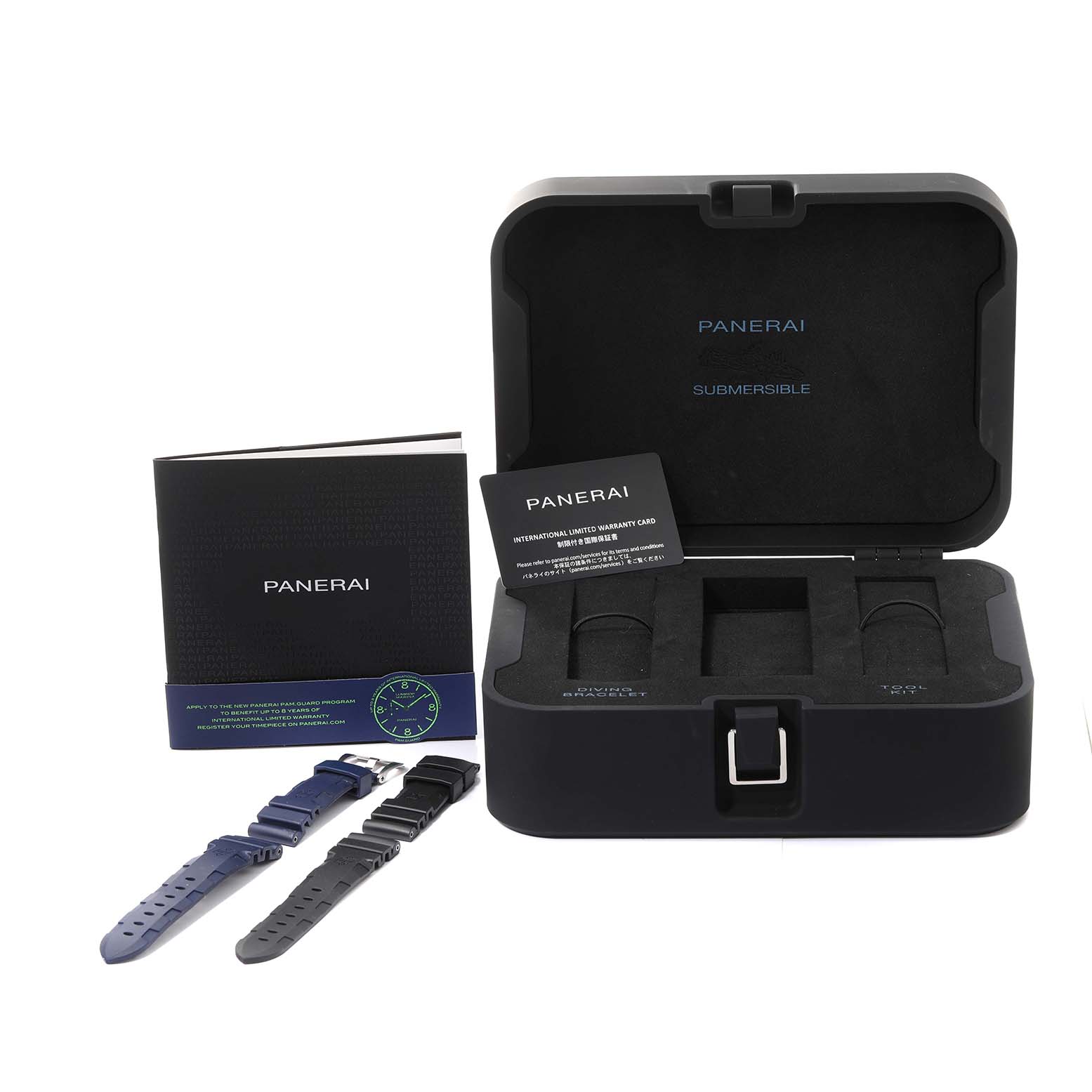The image shows a Panerai Submersible PAM01209 Men's Stainless Steel Black Dial PAM01209 Men's Stainless Steel Black Dial watch box, warranty card, booklet, and two additional straps, viewed from the front.