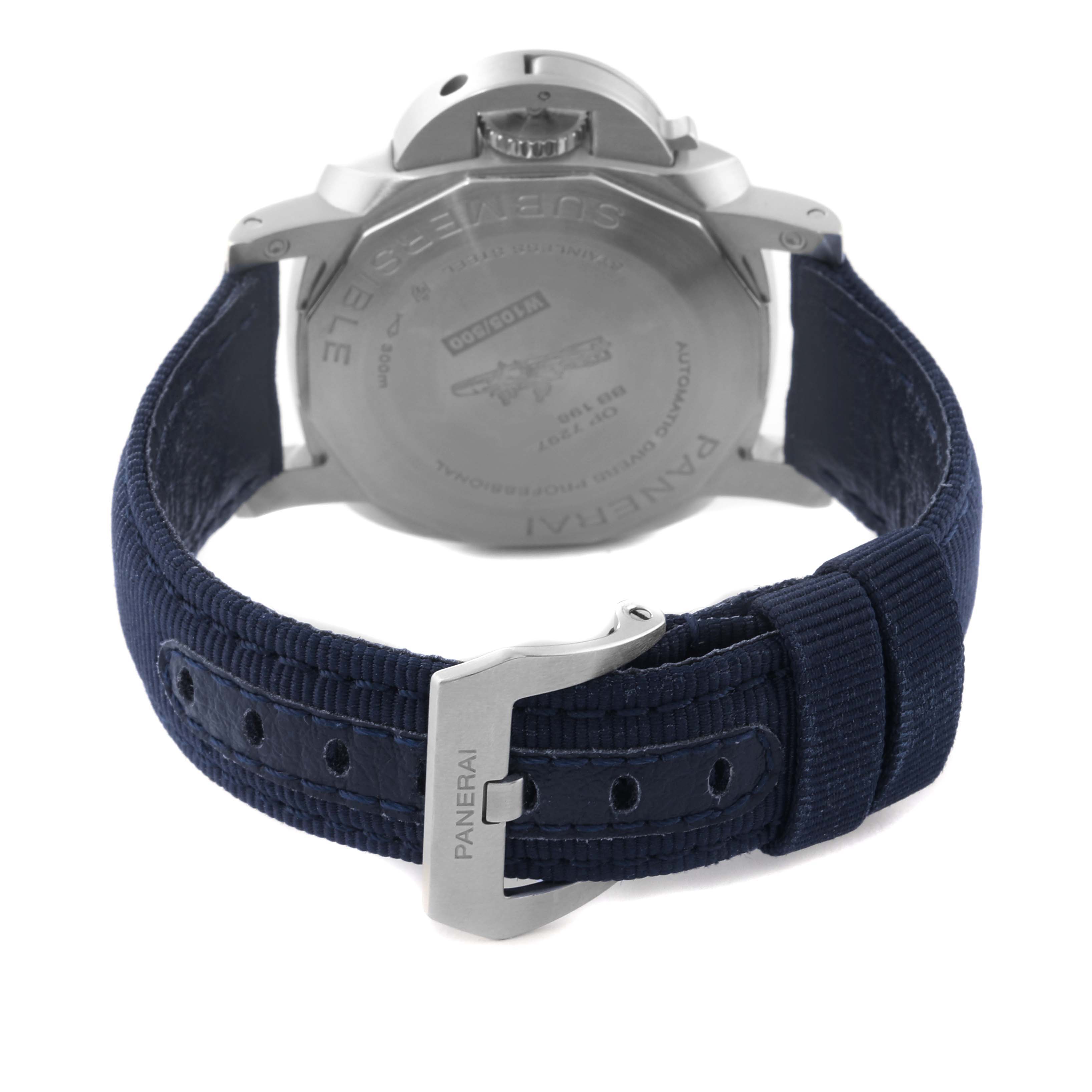 This image shows the back view of a Panerai Submersible PAM01209 Men's Stainless Steel Black Dial PAM01209 Men's Stainless Steel Black Dial watch, focusing on the case back, strap, and buckle.