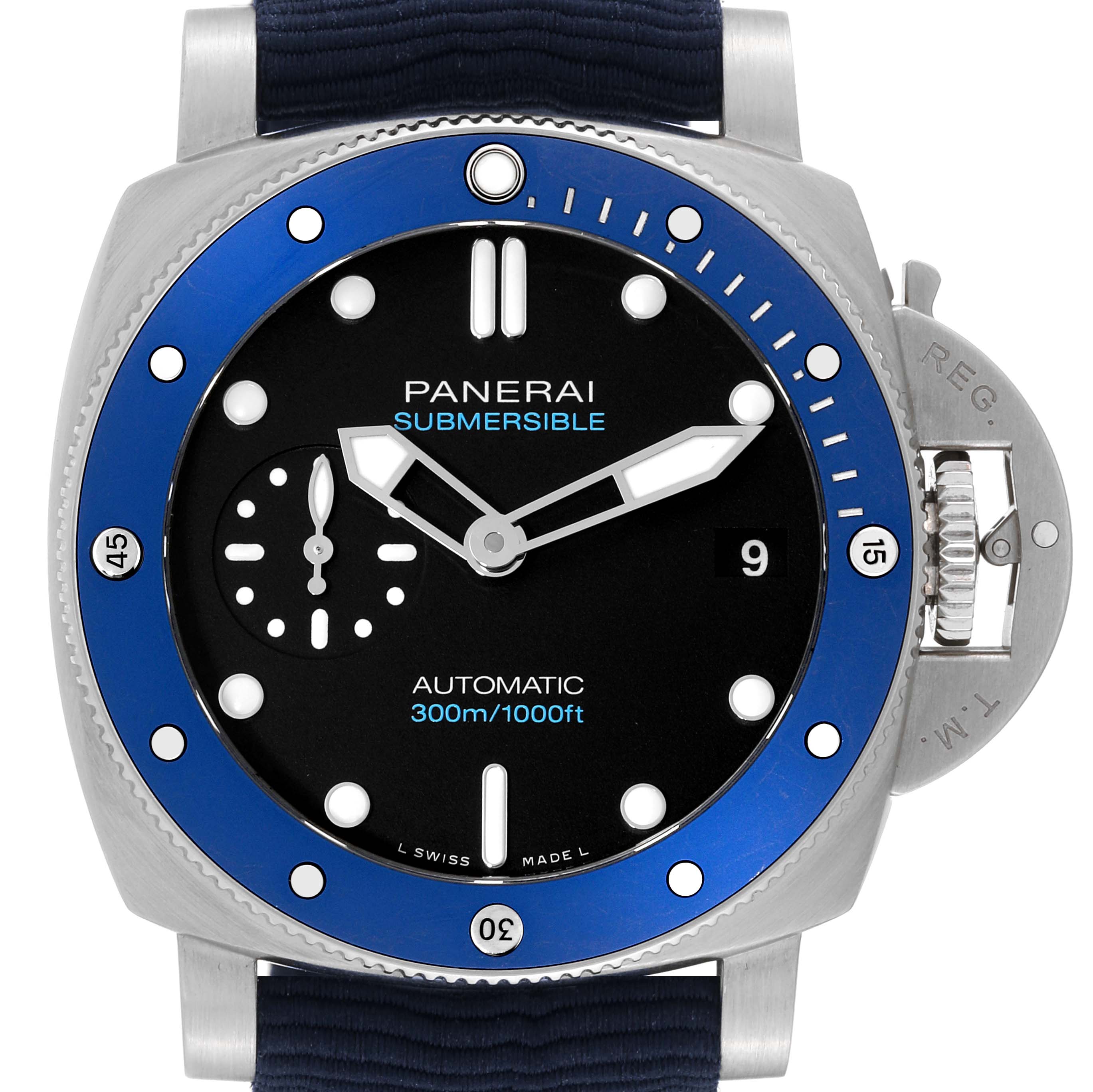 A front-facing view of the Panerai Submersible PAM01209 Men's Stainless Steel Black Dial PAM01209 Men's Stainless Steel Black Dial watch, displaying its dial, bezel, and crown guard.