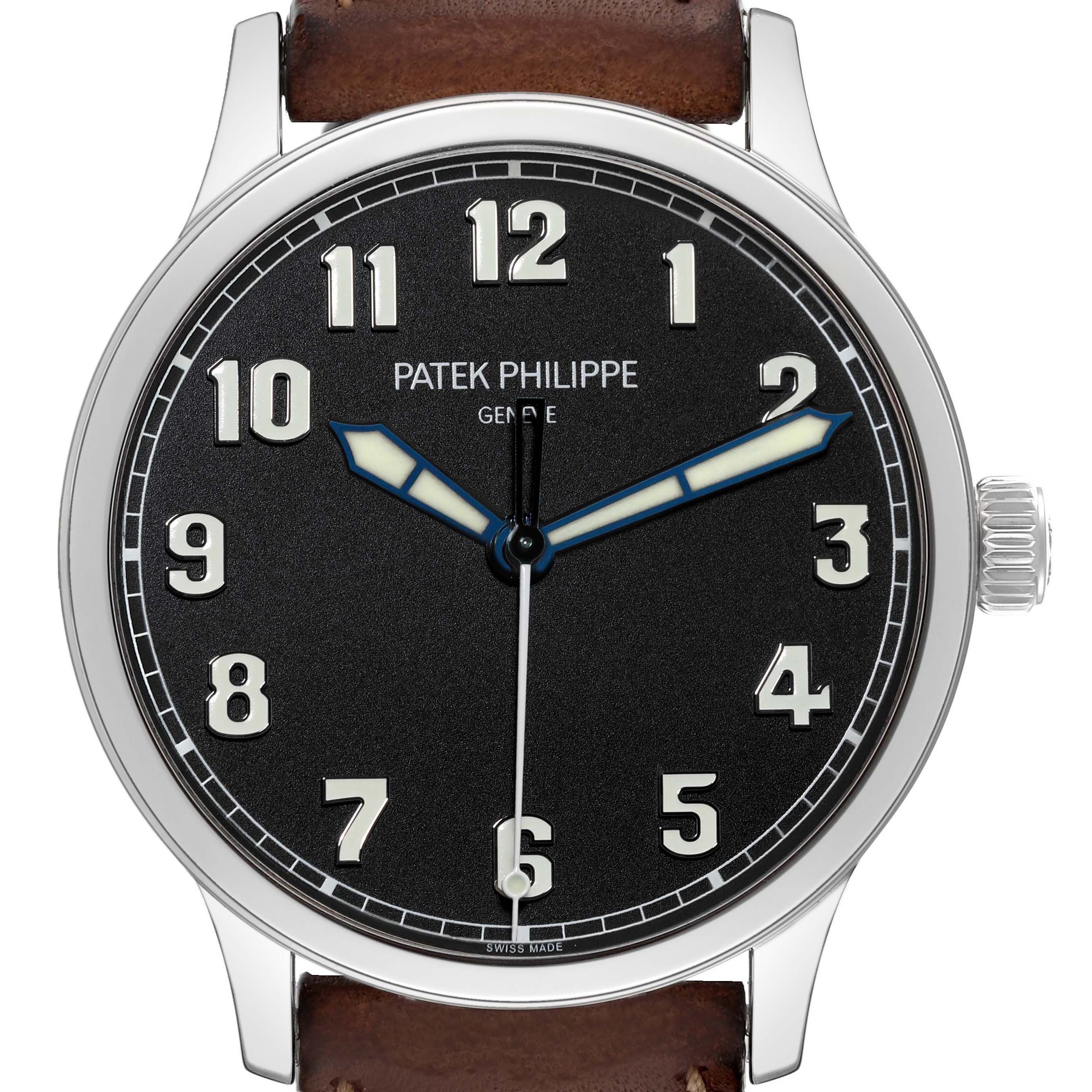 This image showcases the face and partial strap of the Patek Philippe Calatrava 5522A-001 Men's Stainless Steel Blue Dial 5522A-001 Men's Stainless Steel Blue Dial model watch head-on.