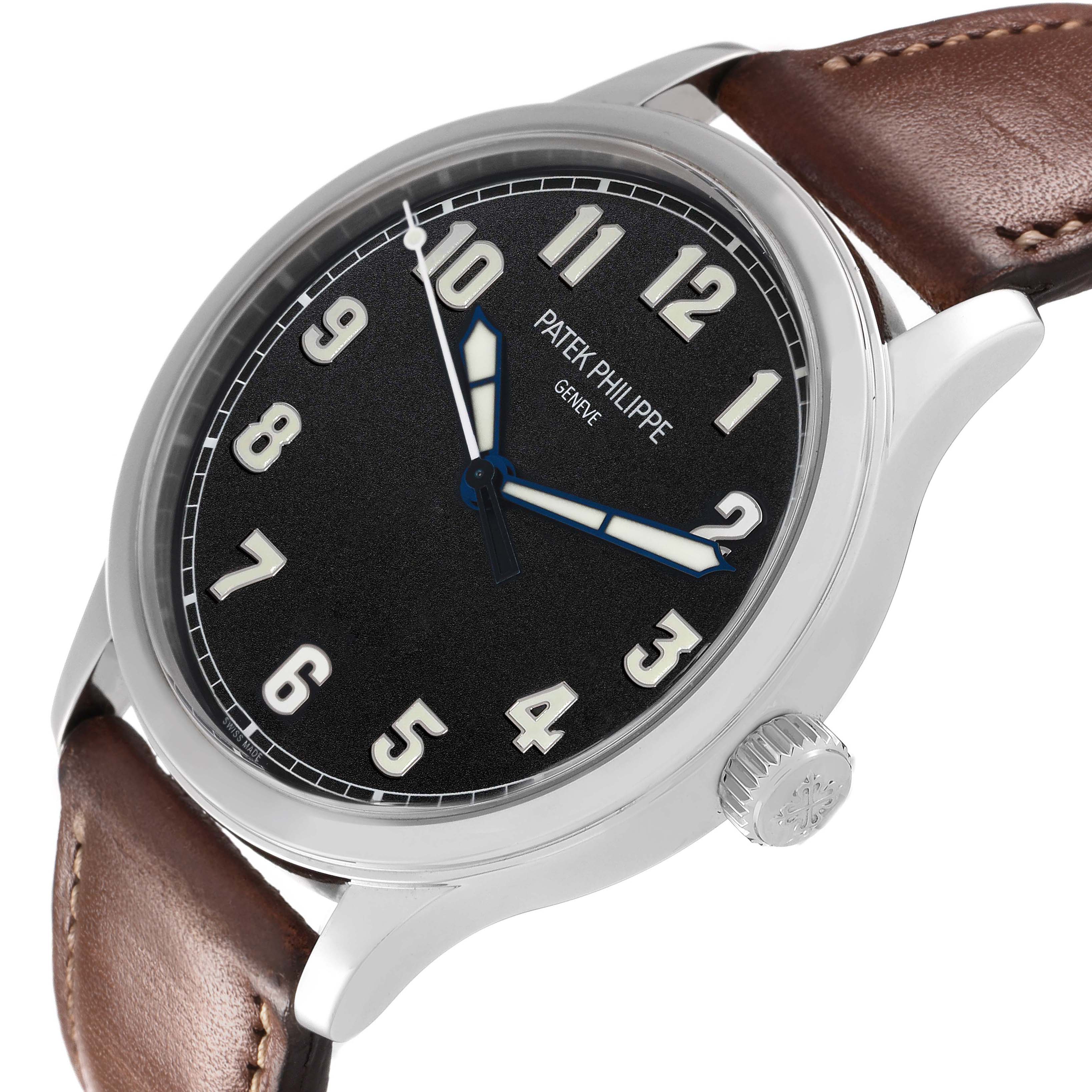 The Patek Philippe Calatrava 5522A-001 Men's Stainless Steel Blue Dial watch is shown at a slight angle, displaying the dial, crown, and leather strap.