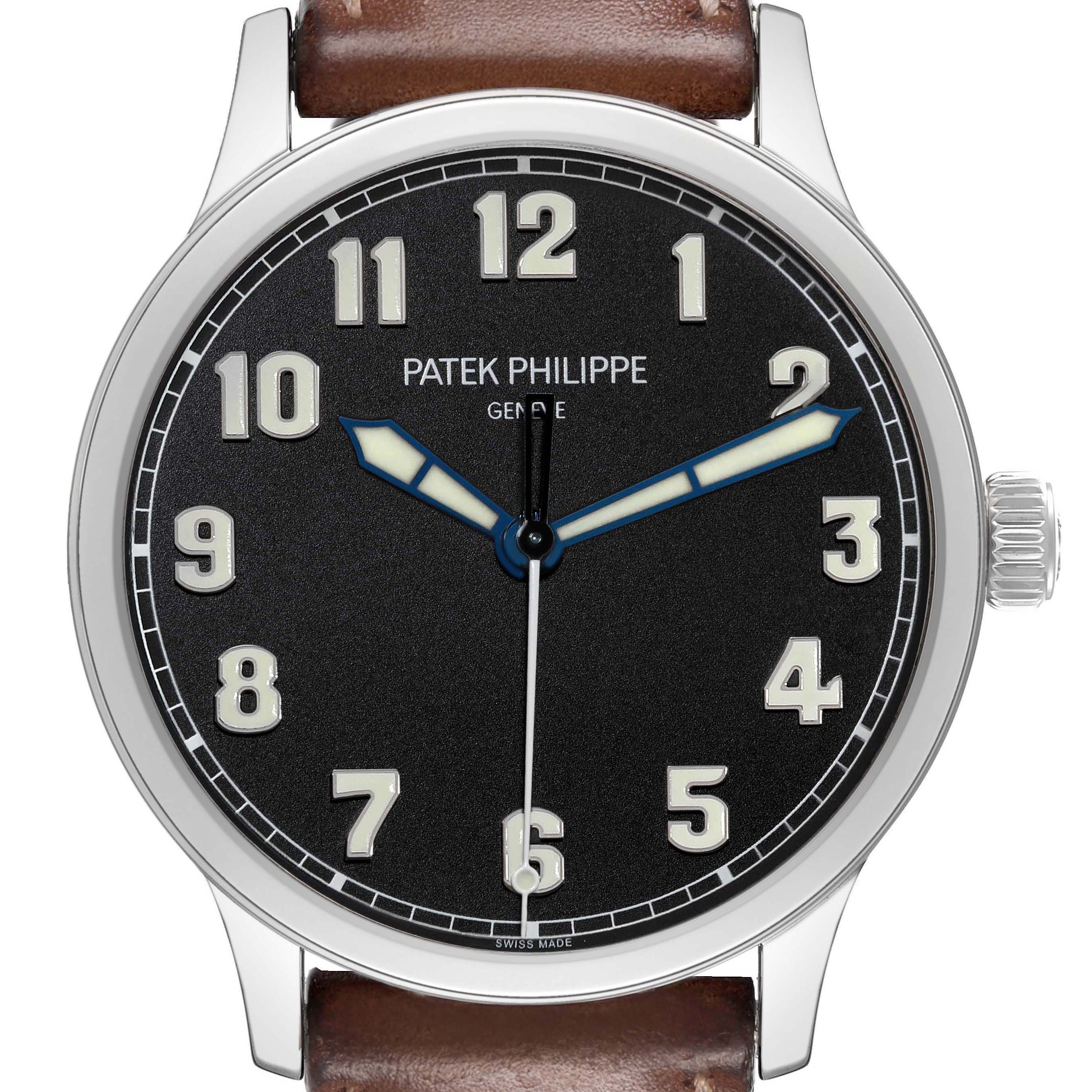 The Patek Philippe Calatrava 5522A-001 Men's Stainless Steel Blue Dial watch is shown from a front angle, displaying the dial, numbers, hands, and part of the strap.