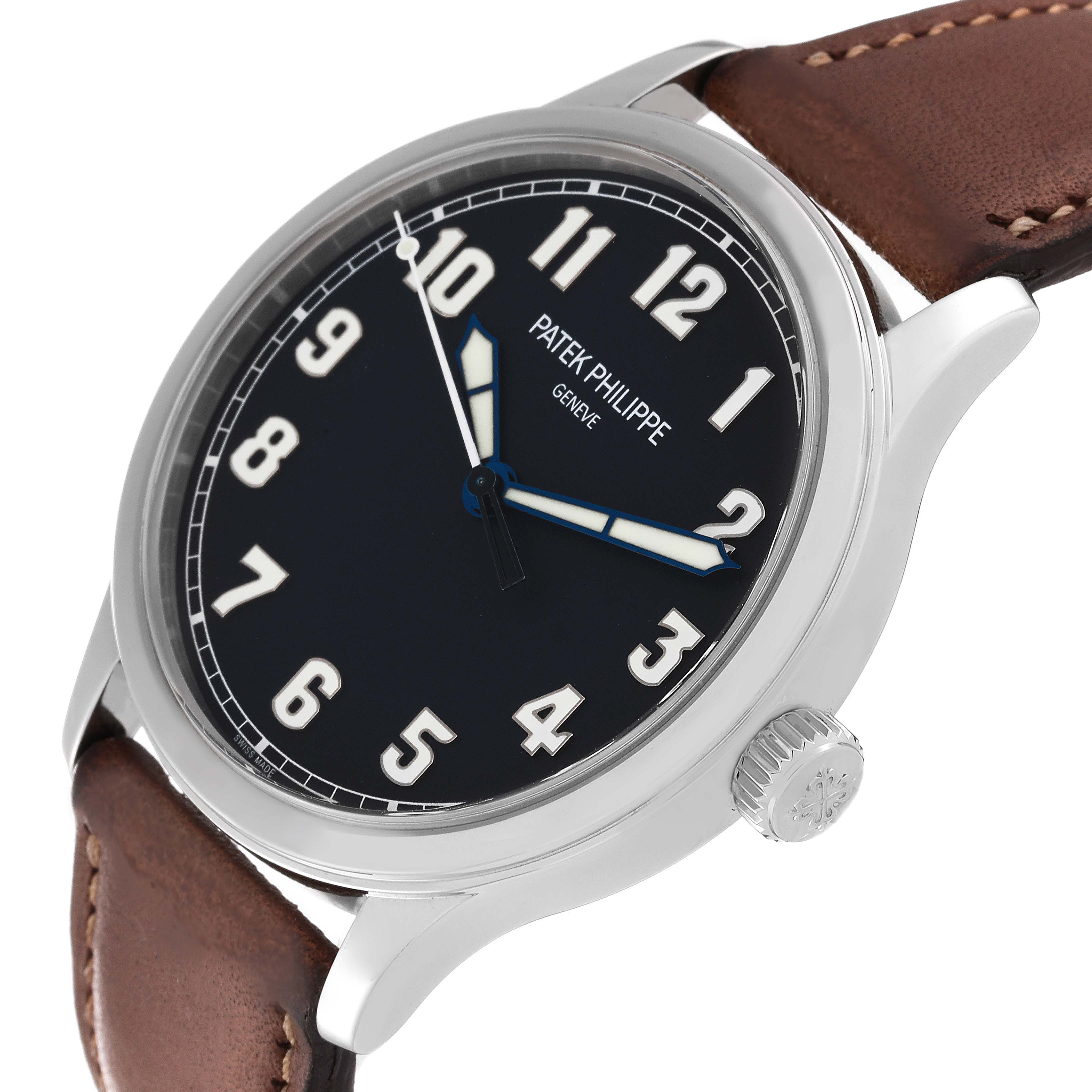 This image shows a Patek Philippe Calatrava 5522A-001 Men's Stainless Steel Blue Dial 5522A-001 Men's Stainless Steel Blue Dial watch at a slight angle, highlighting the dial, crown, and part of the leather strap.