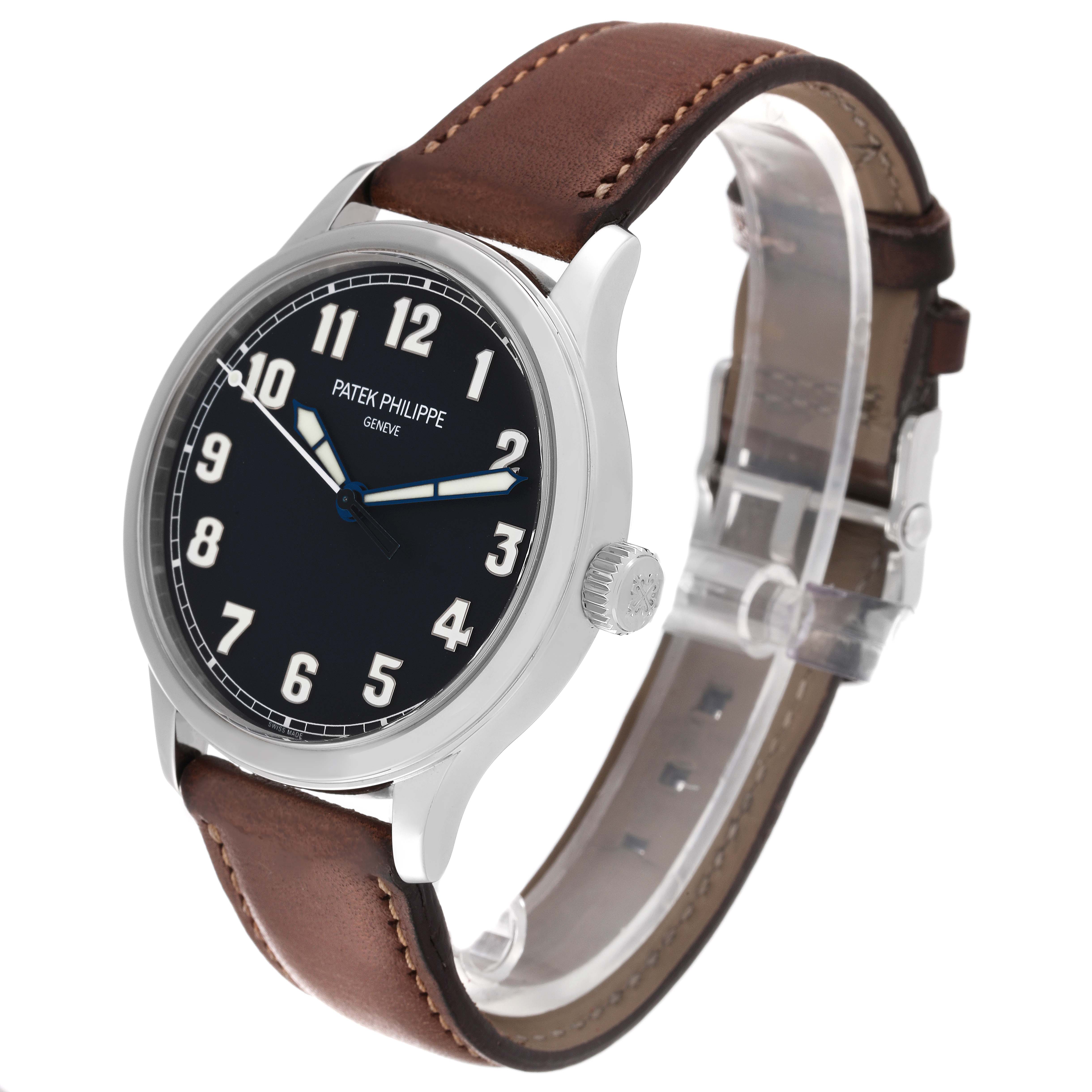 The image shows a Patek Philippe Calatrava 5522A-001 Men's Stainless Steel Blue Dial 5522A-001 Men's Stainless Steel Blue Dial watch at a three-quarter angle, highlighting the face, crown, and leather strap.