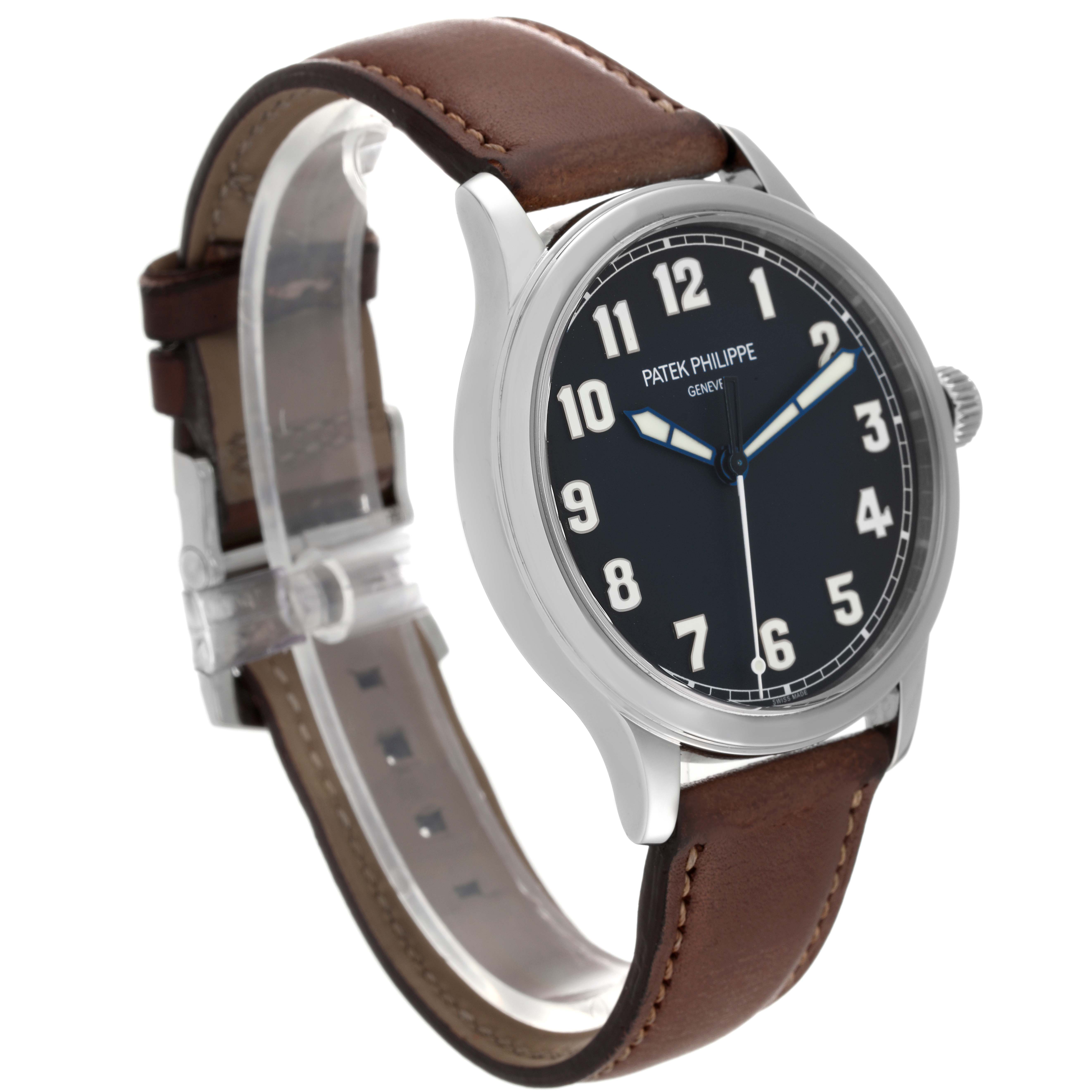 The angle displays the front and right side of the Patek Philippe Calatrava 5522A-001 Men's Stainless Steel Blue Dial 5522A-001 Men's Stainless Steel Blue Dial watch, showcasing its black dial and brown leather strap.