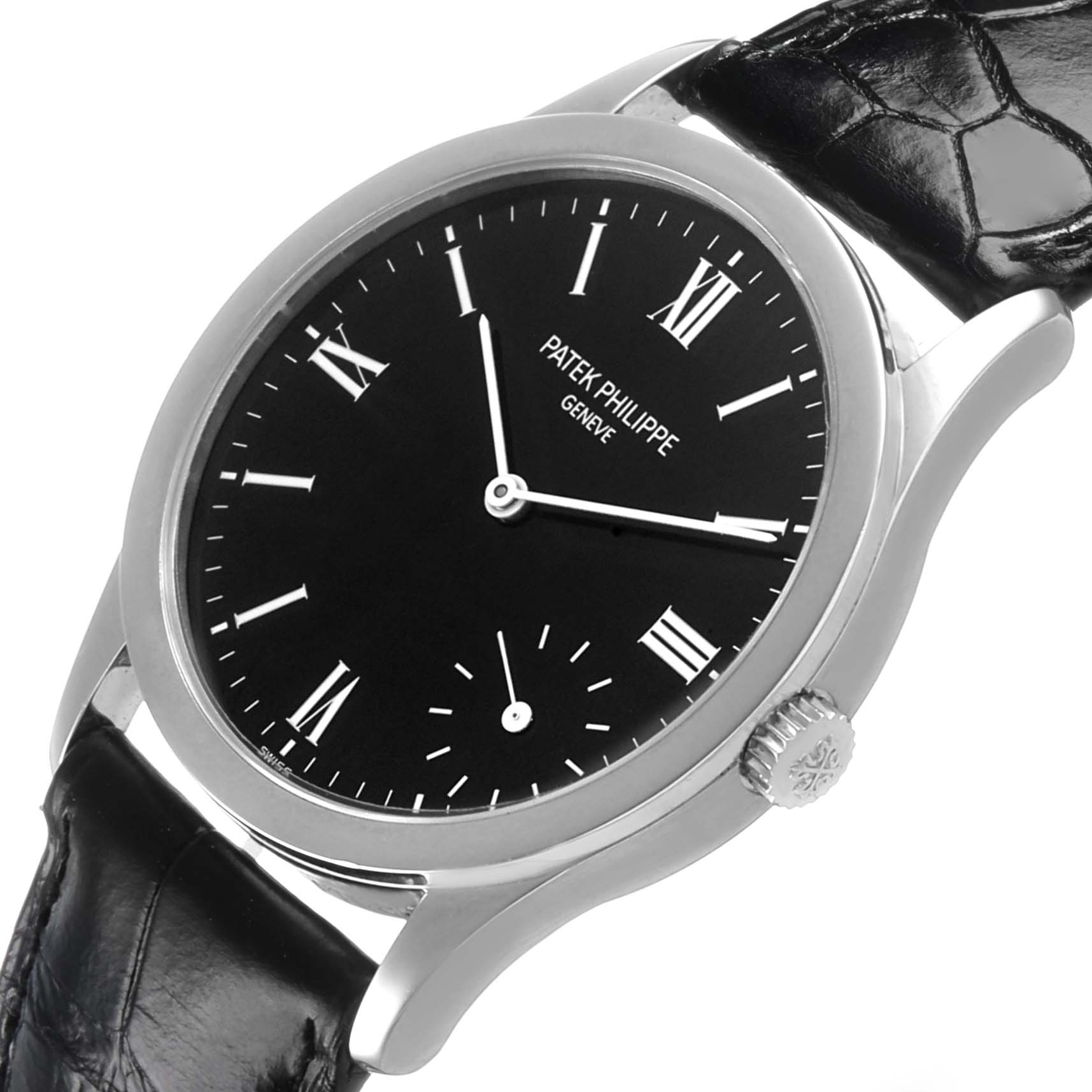 The photo shows the Patek Philippe Calatrava 5026P-001 Men's Platinum Black Dial watch at a slight angle, highlighting the black dial, Roman numerals, case, and crown.