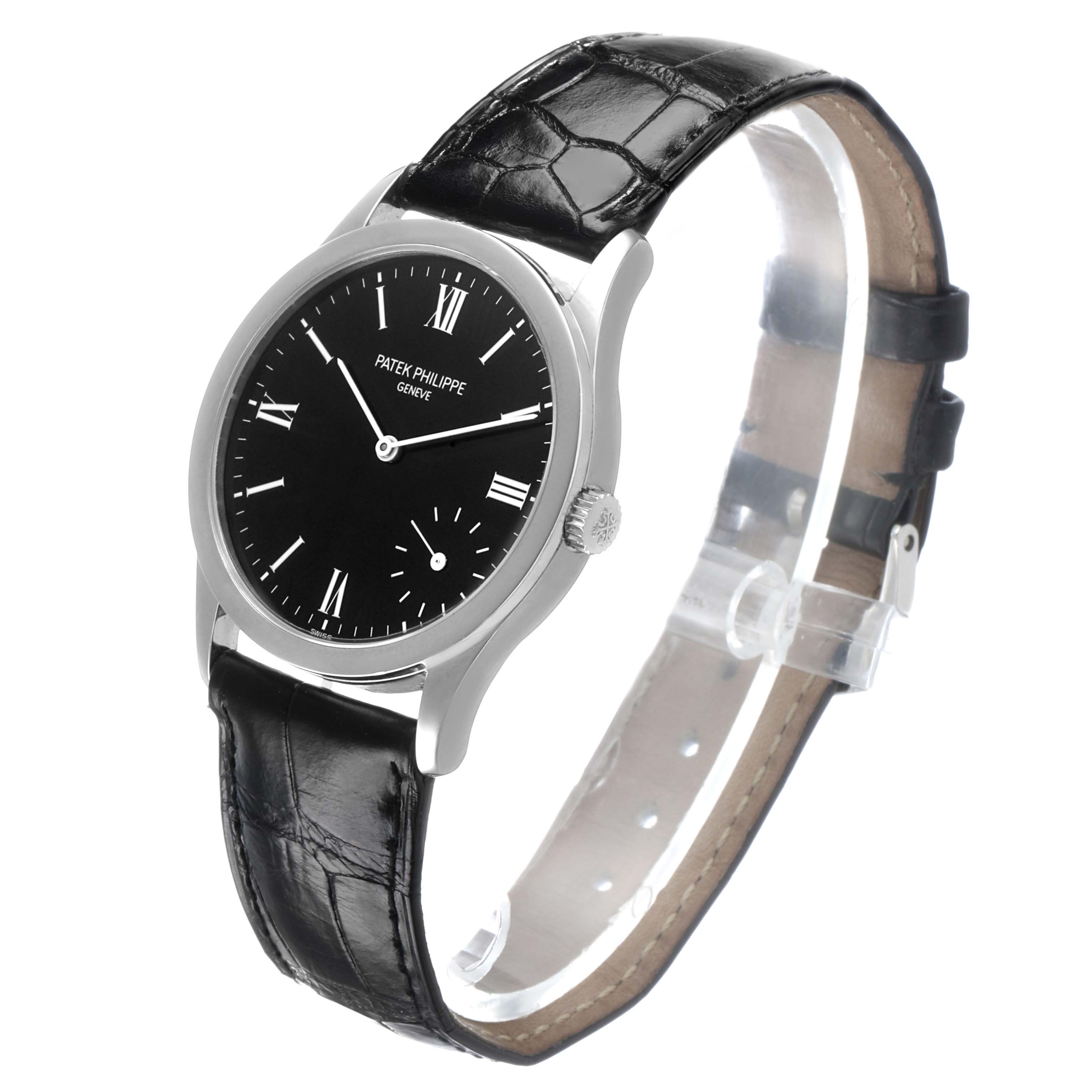 The Patek Philippe Calatrava 5026P-001 Men's Platinum Black Dial watch is shown from a slightly angled front view, highlighting the face, bezel, and leather strap.