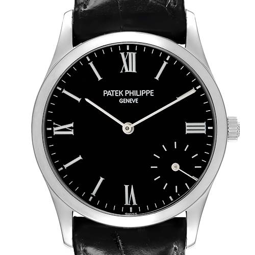 The Patek Philippe Calatrava 5026P-001 Men's Platinum Black Dial model is shown from a frontal angle, highlighting the dial, hands, and part of the strap.