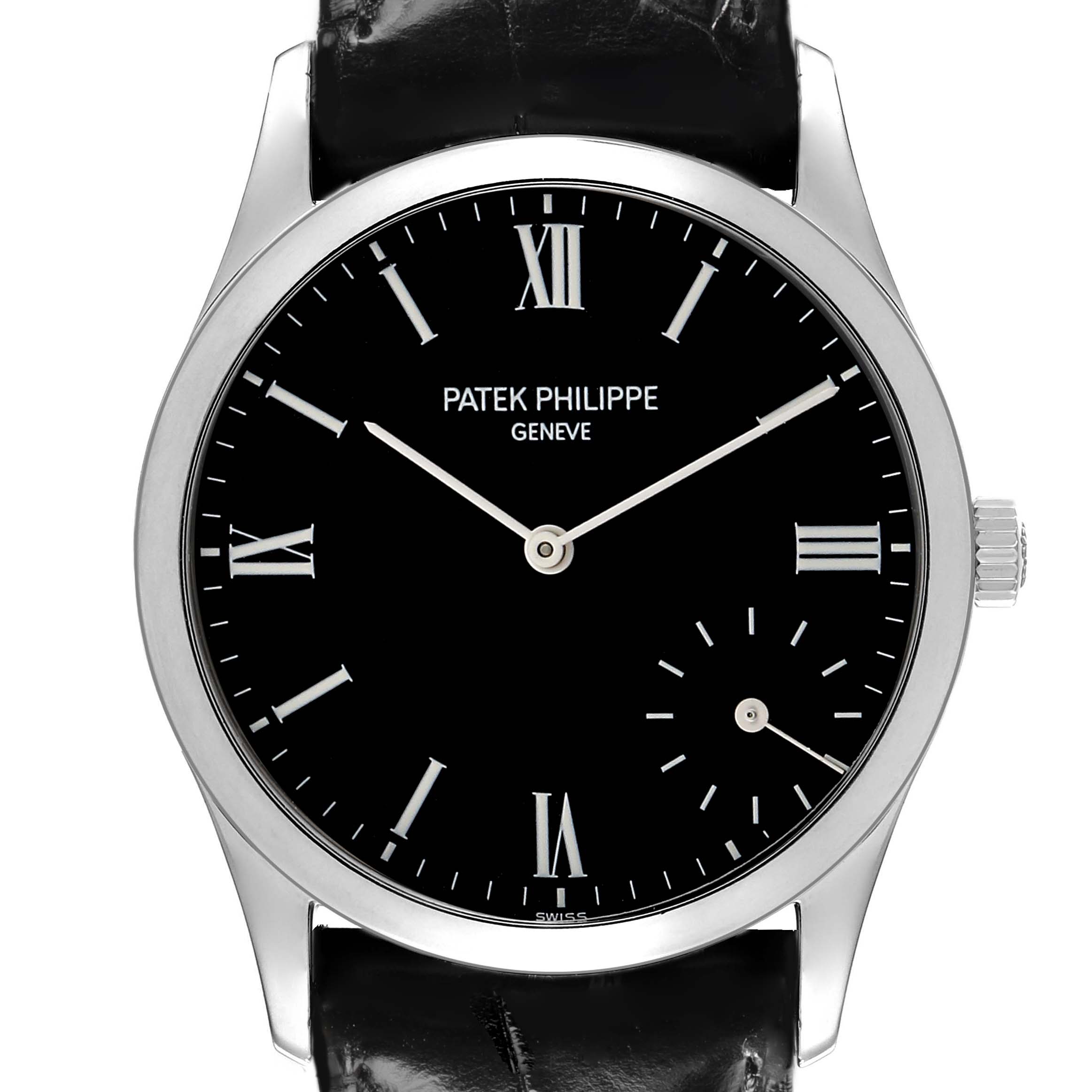 The Patek Philippe Calatrava 5026P-001 Men's Platinum Black Dial watch is shown from the front, displaying its black dial, Roman numerals, and sub-second dial.