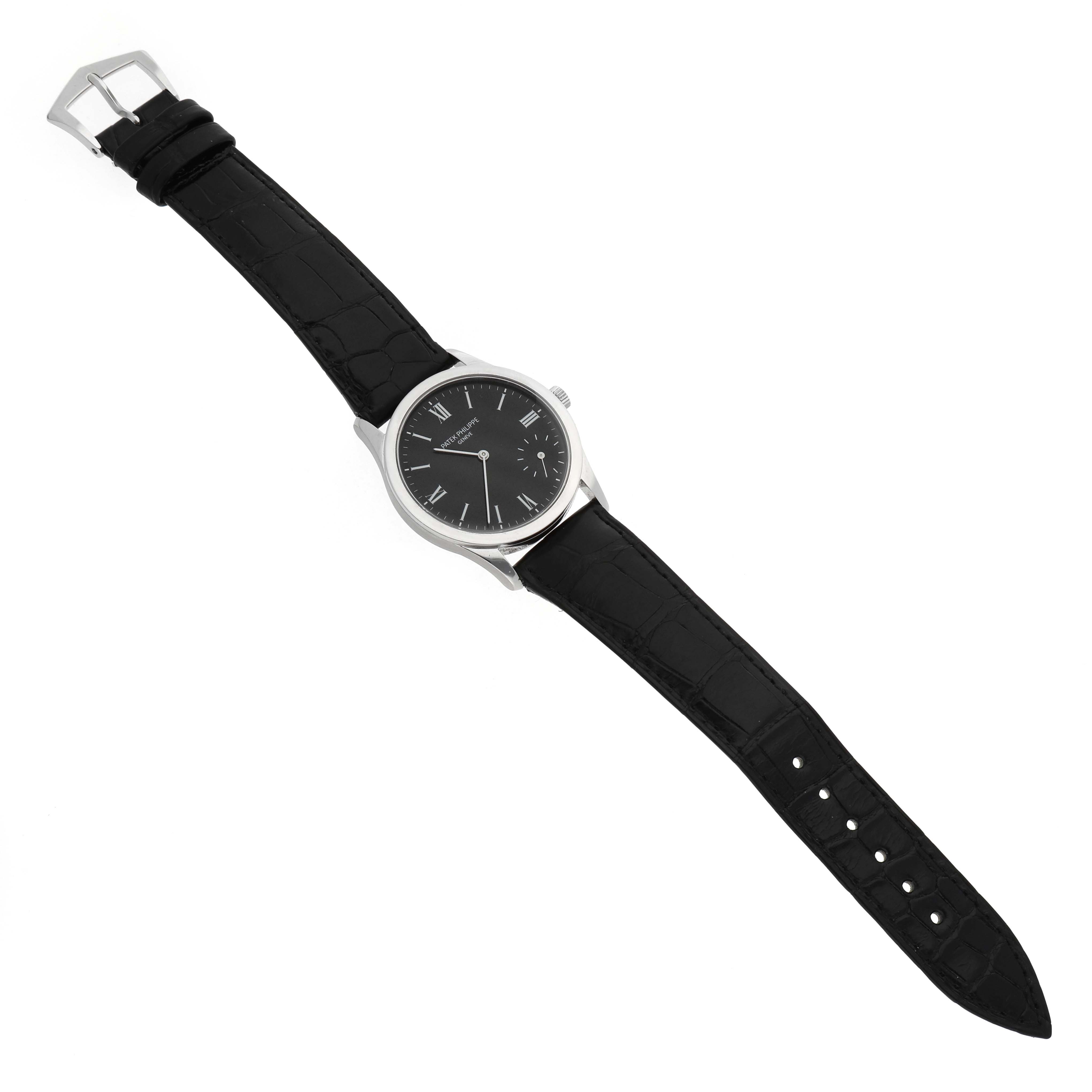The Patek Philippe Calatrava 5026P-001 Men's Platinum Black Dial watch is shown from a top view, displaying its black leather strap and black dial.