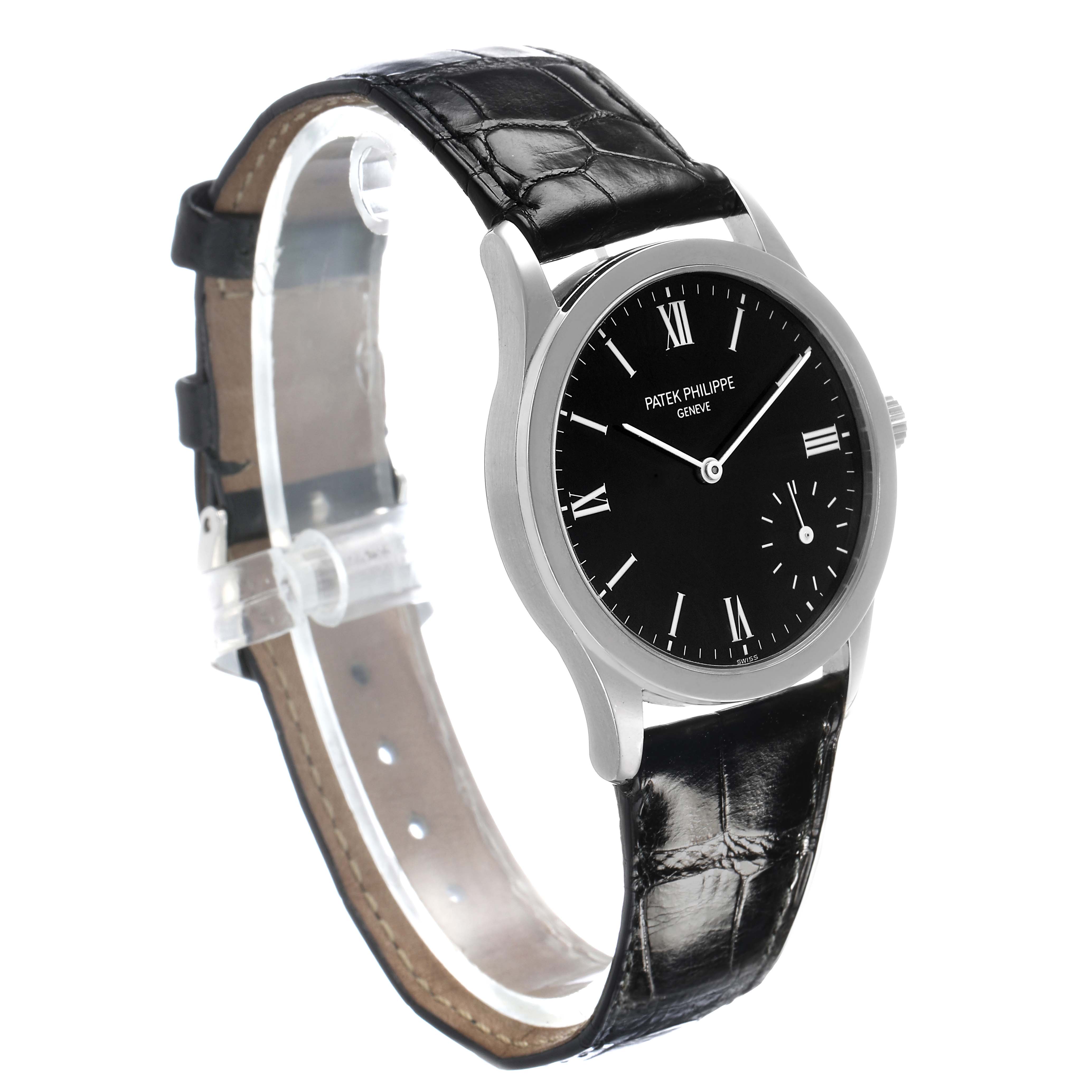 The Patek Philippe Calatrava 5026P-001 Men's Platinum Black Dial watch is shown at a three-quarter angle, highlighting its black dial and leather strap.
