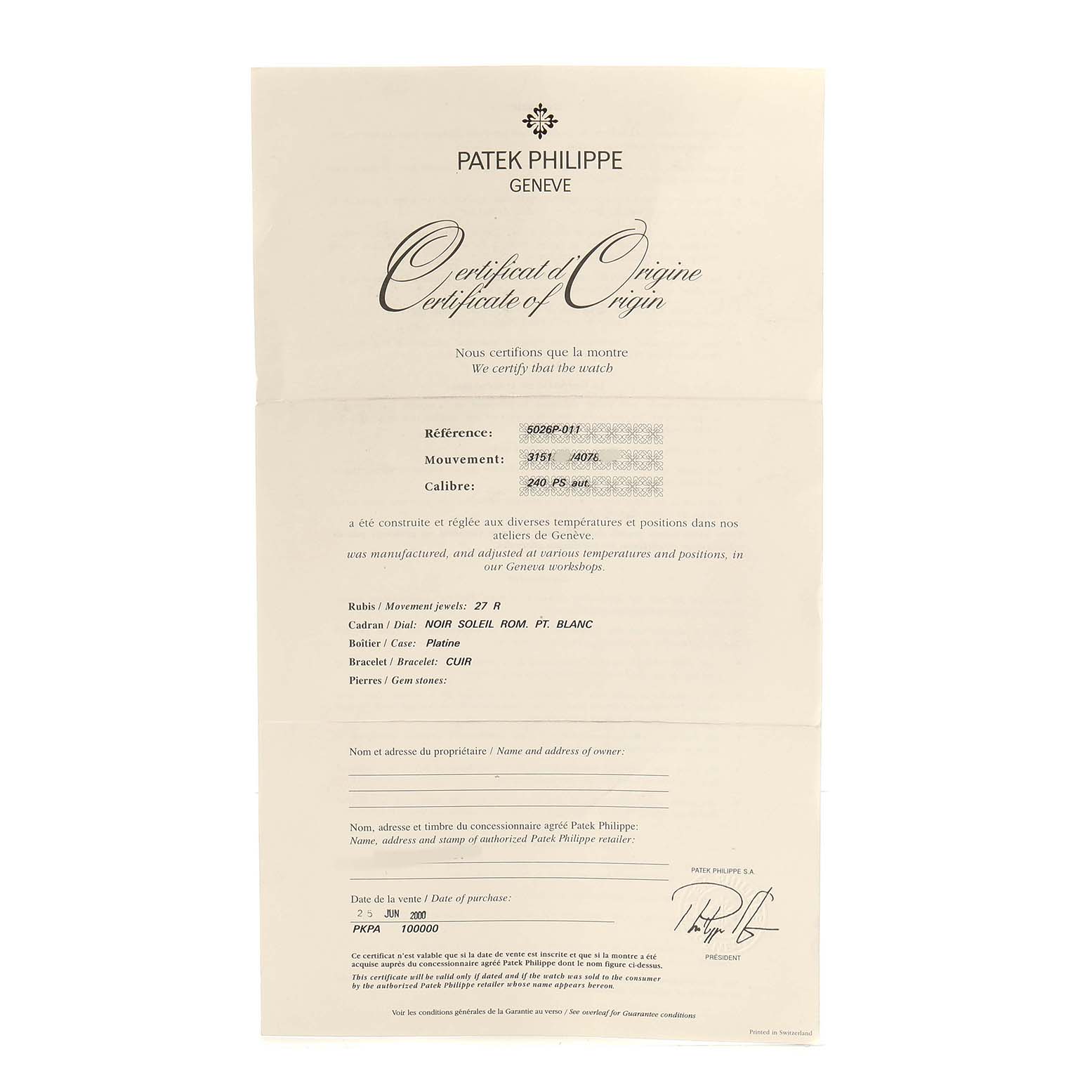 The image shows a Certificate of Origin for a Patek Philippe Calatrava 5026P-001 Men's Platinum Black Dial model, detailing reference, movement, and purchase date.