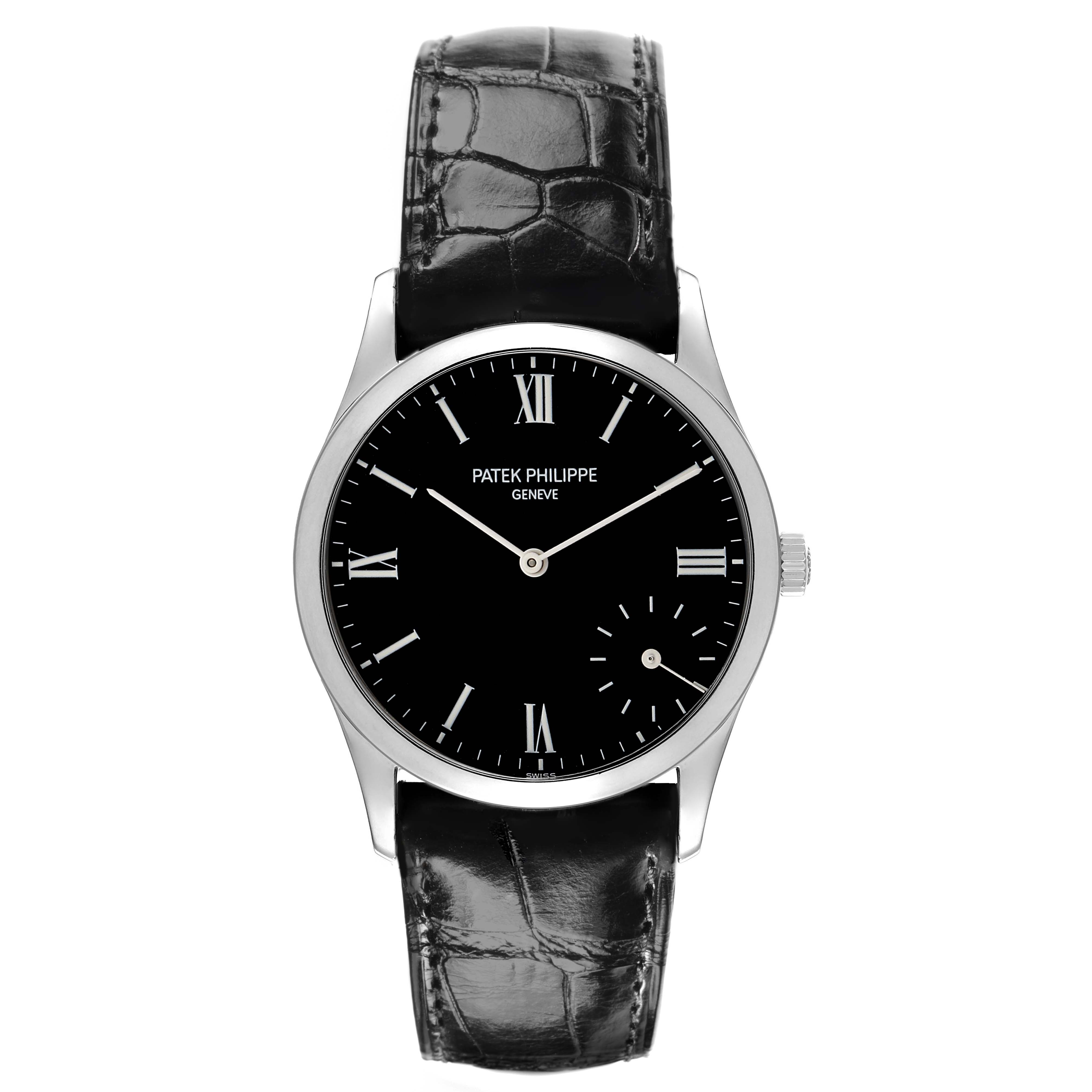 The Patek Philippe Calatrava 5026P-001 Men's Platinum Black Dial watch is shown from a straight-on angle, displaying the dial, case, and leather strap.