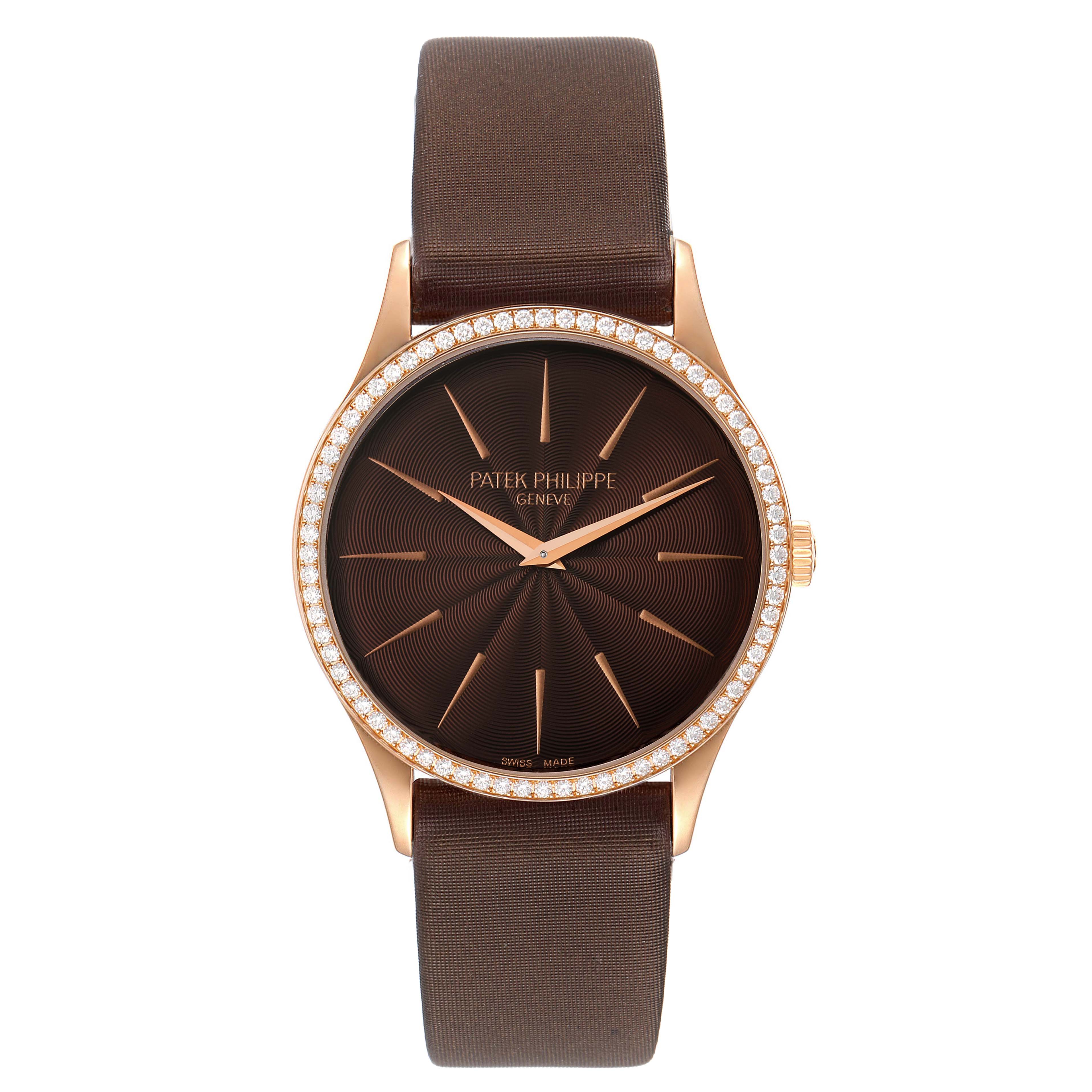 The image shows a front view of a Patek Philippe Calatrava 4897R-001 Women
s Rose Gold Brown Dial 4897R-001 Women
s Rose Gold Brown Dial watch, highlighting its face, strap, and diamond-set bezel.