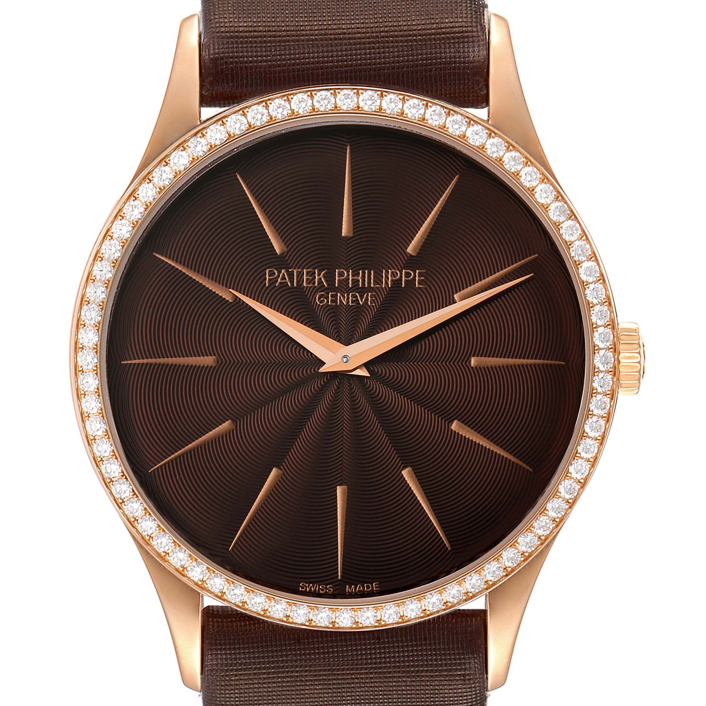 This image shows a frontal view of a Patek Philippe Calatrava 4897R-001 Women
s Rose Gold Brown Dial 4897R-001 Women
s Rose Gold Brown Dial watch, highlighting the dial, bezel, and strap attachment.