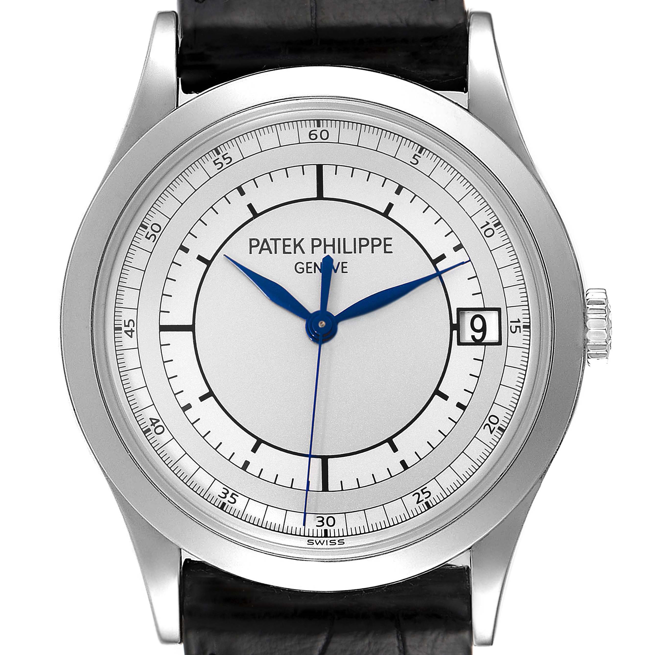 The image shows a frontal view of a Patek Philippe Calatrava 5296G Men's White Gold Silver Dial 5296G Men's White Gold Silver Dial watch, highlighting the dial, hands, bezel, and part of the leather strap.
