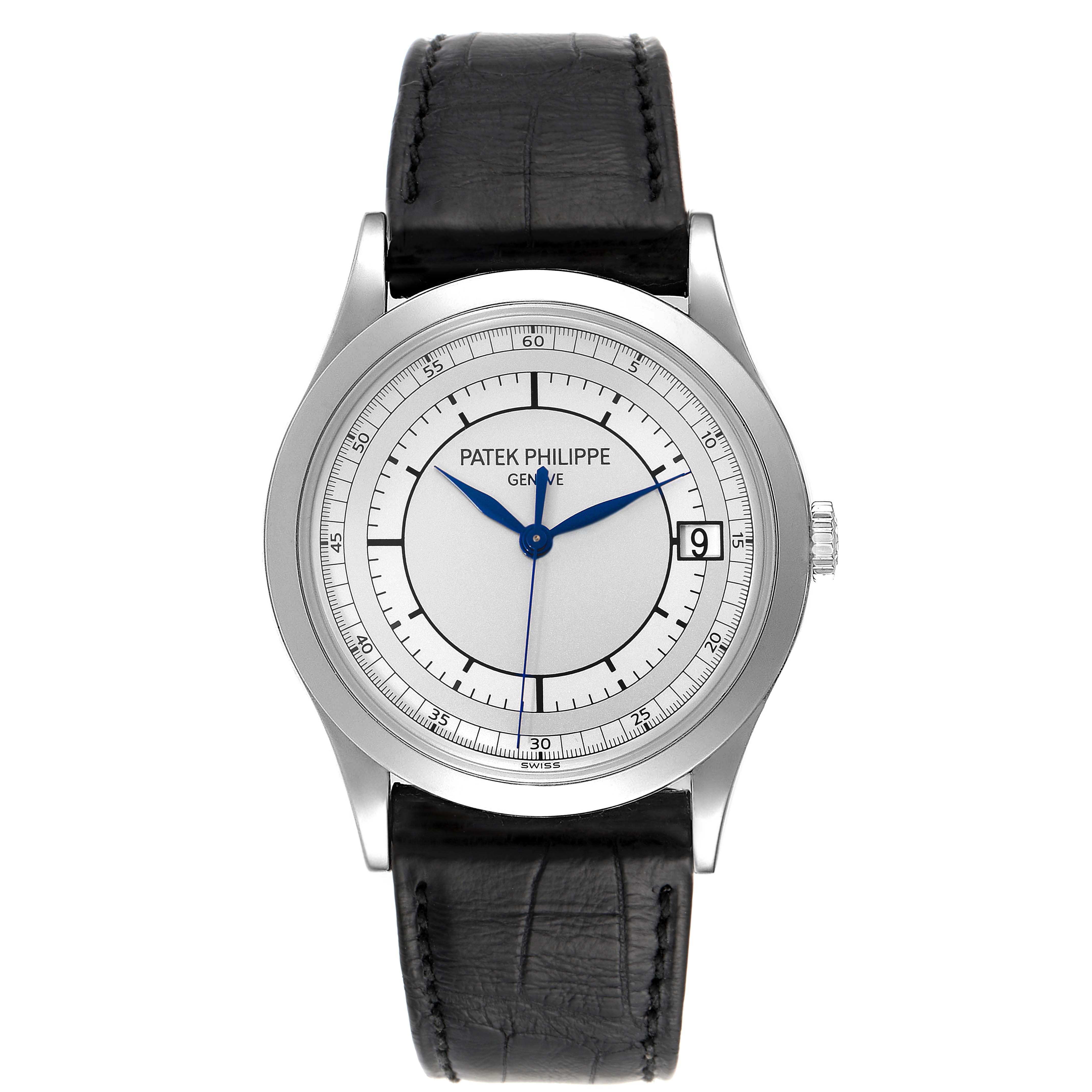 The image shows a front view of the Patek Philippe Calatrava 5296G Men's White Gold Silver Dial 5296G Men's White Gold Silver Dial watch, displaying its dial, bezel, and leather strap.
