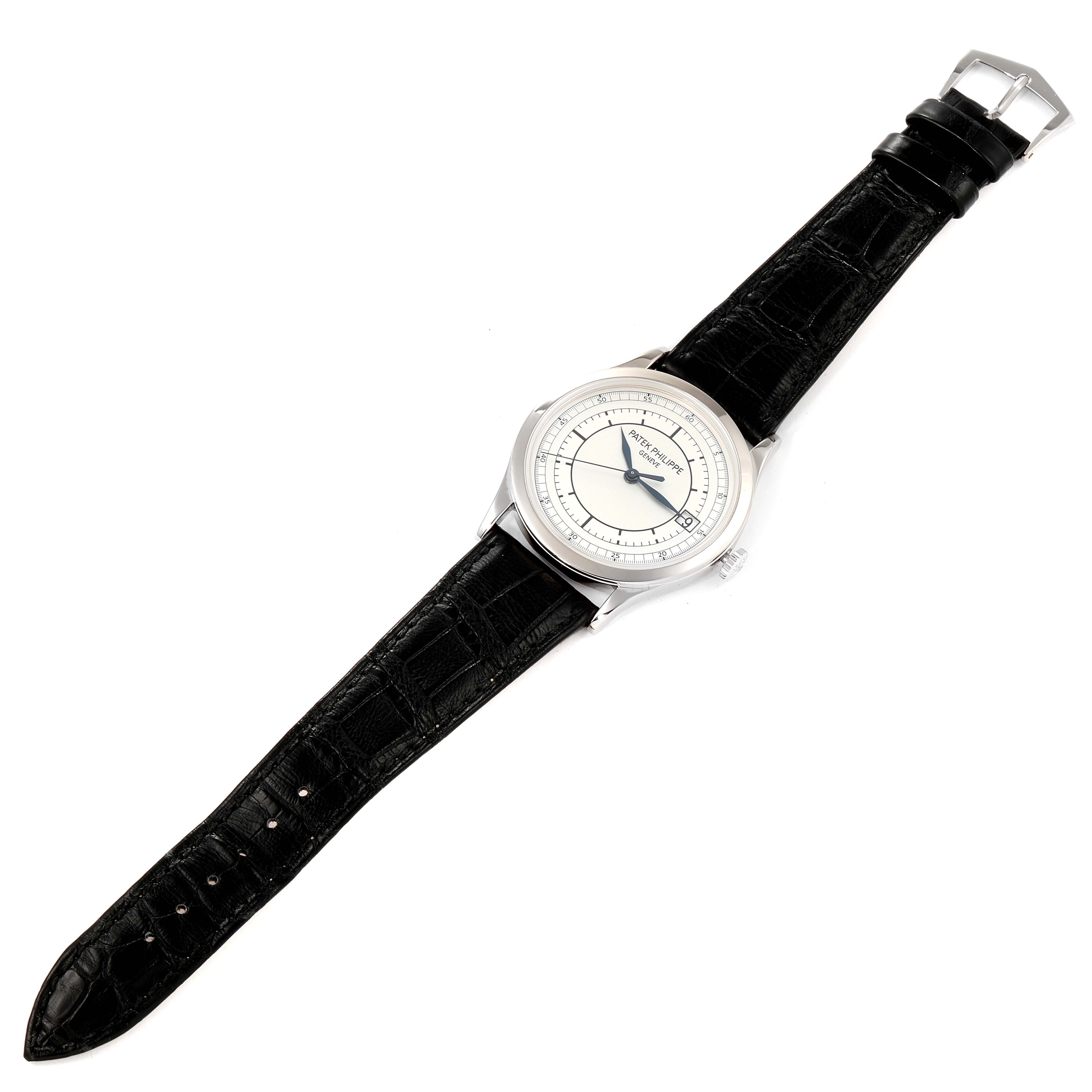 The image shows a Patek Philippe Calatrava 5296G Men's White Gold Silver Dial 5296G Men's White Gold Silver Dial watch with a black leather strap, displayed flat from a top-down angle.