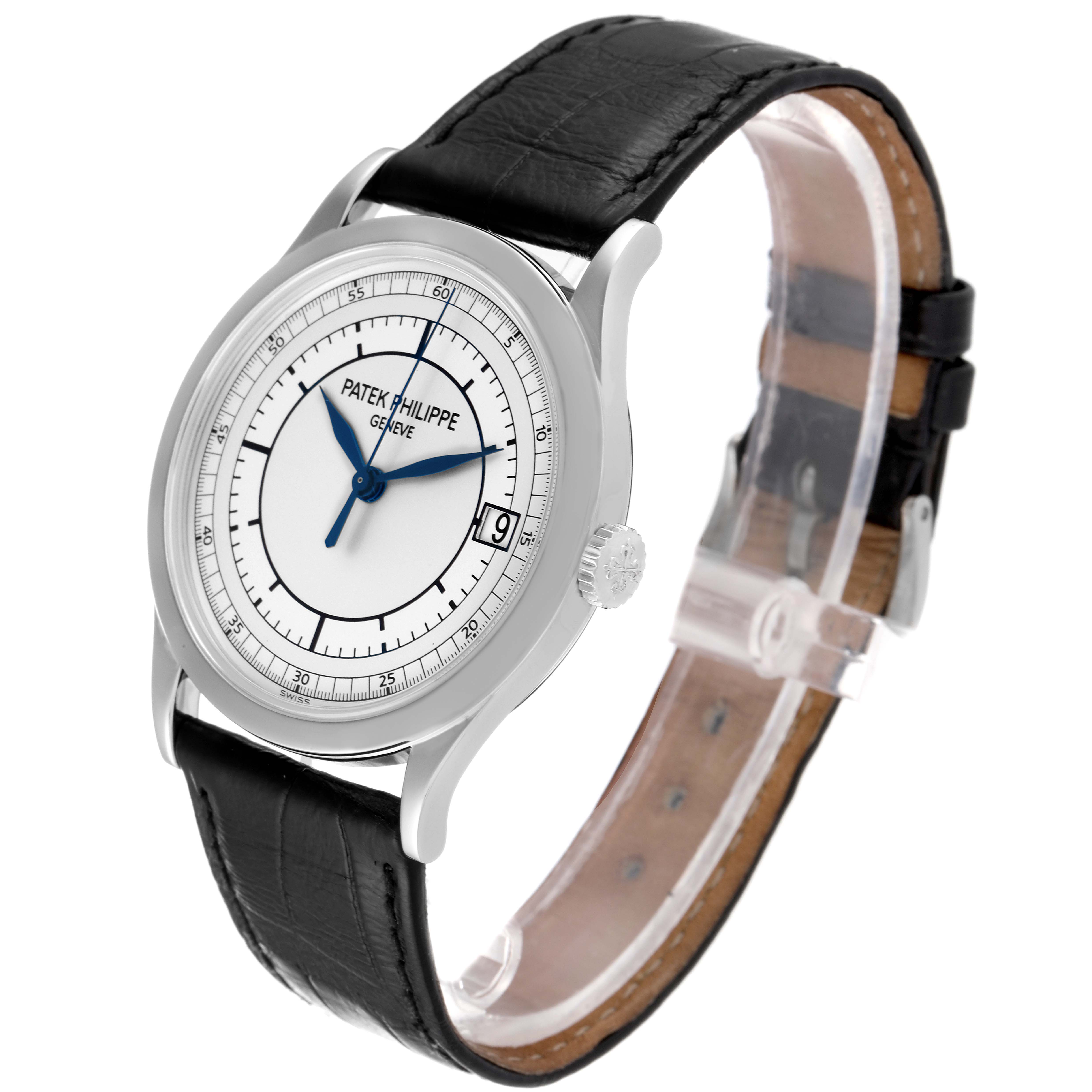 The Patek Philippe Calatrava 5296G Men's White Gold Silver Dial 5296G Men's White Gold Silver Dial watch is shown at an angle showcasing its face, black leather strap, and side crown.