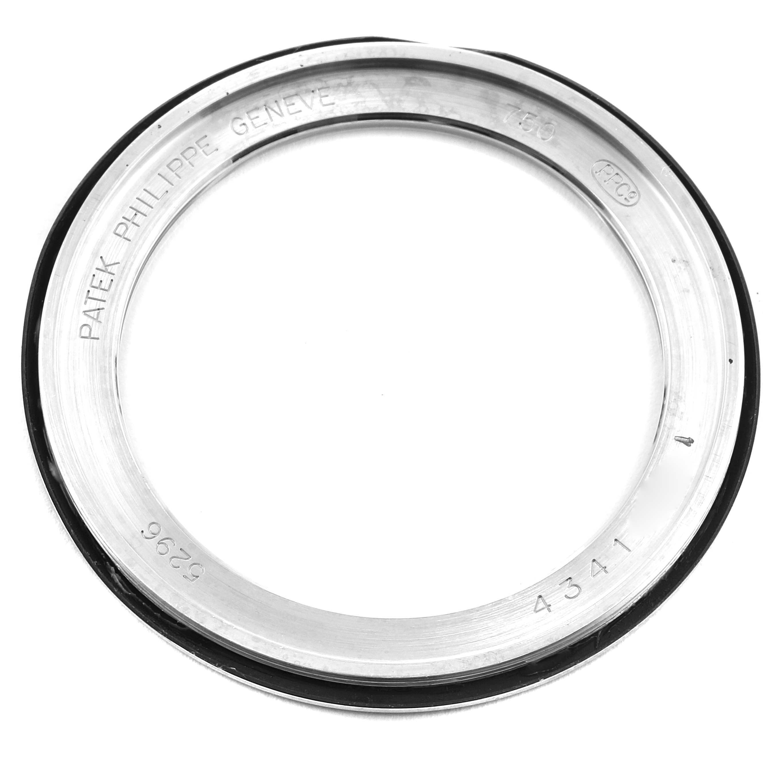 This image shows a top-down view of the bezel ring for a Patek Philippe Calatrava 5296G Men's White Gold Silver Dial 5296G Men's White Gold Silver Dial watch.