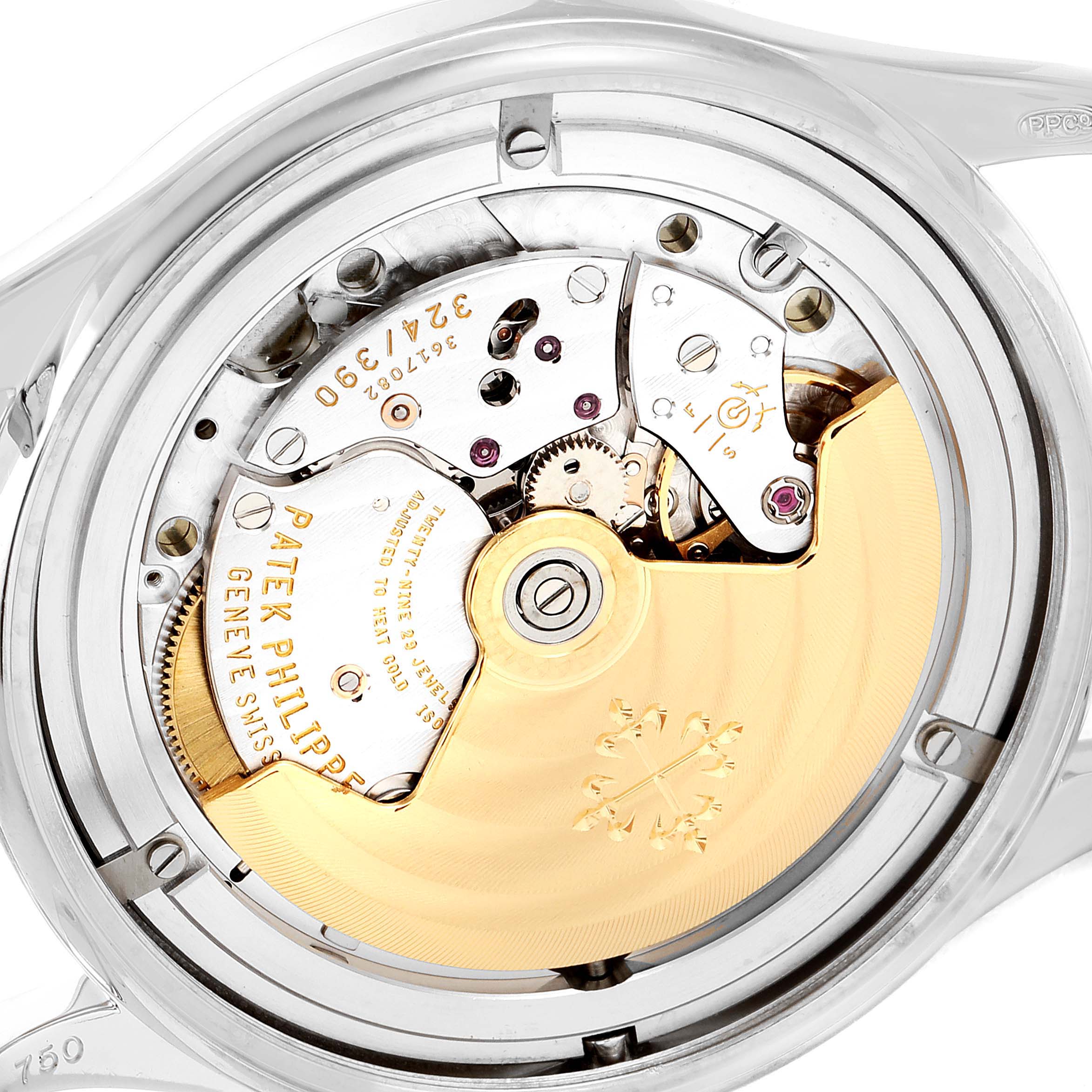This image shows the movement and internal mechanism of a Patek Philippe Calatrava 5296G Men's White Gold Silver Dial 5296G Men's White Gold Silver Dial watch from the back angle.