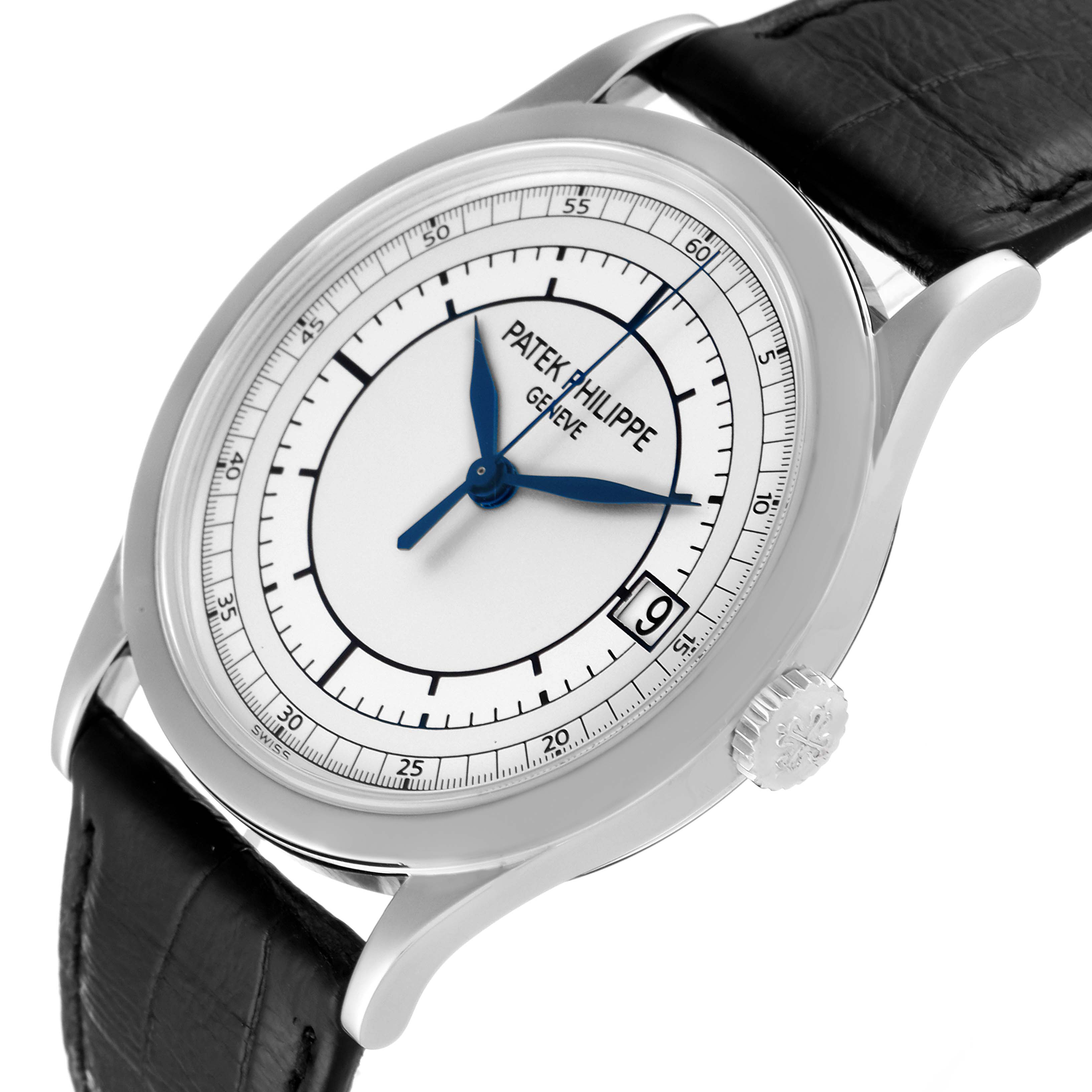 The image shows a Patek Philippe Calatrava 5296G Men's White Gold Silver Dial 5296G Men's White Gold Silver Dial watch at a three-quarter angle, displaying the dial, crown, and strap.