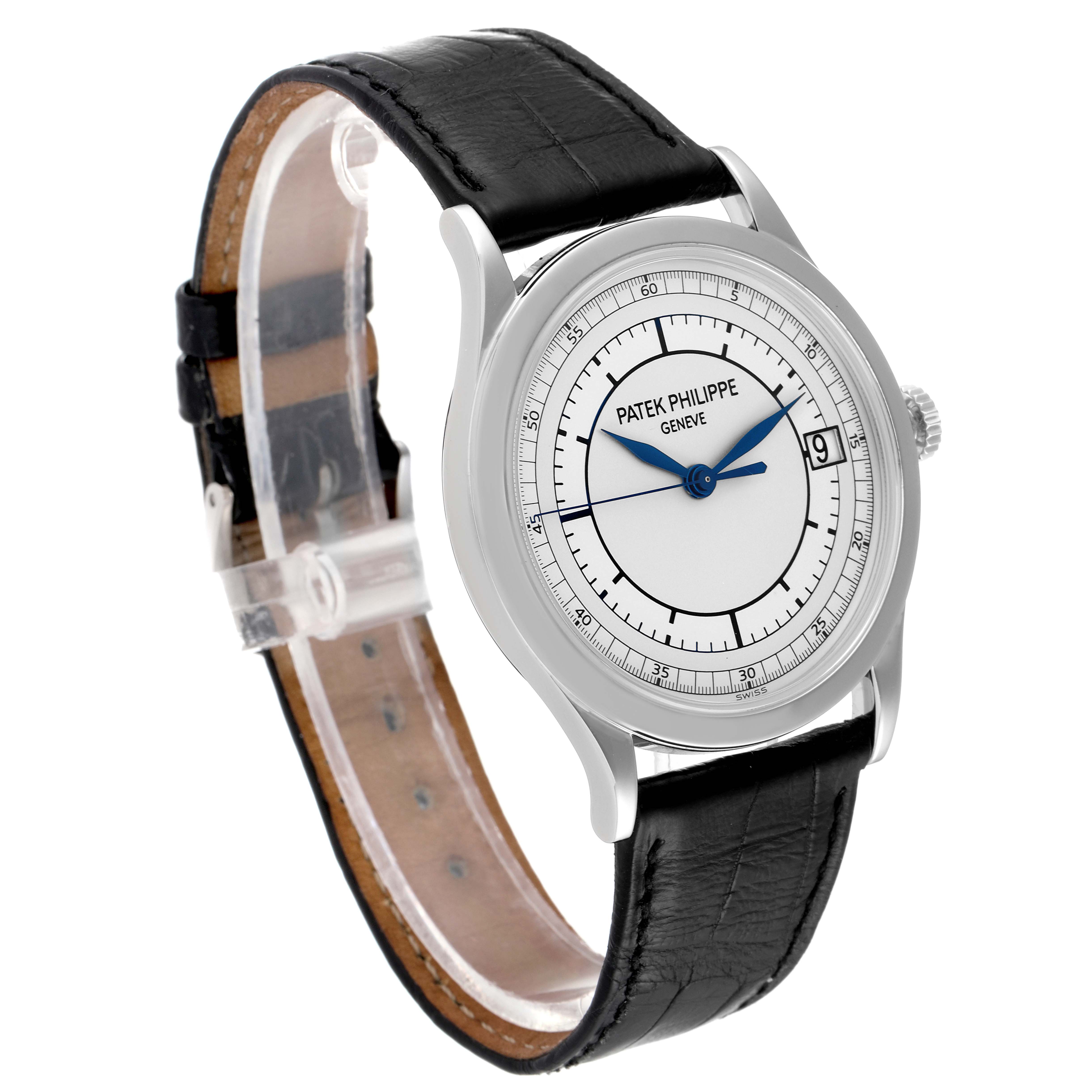 The image shows a Patek Philippe Calatrava 5296G Men's White Gold Silver Dial 5296G Men's White Gold Silver Dial watch at a 3/4 angle, highlighting the face, bezel, and leather strap.