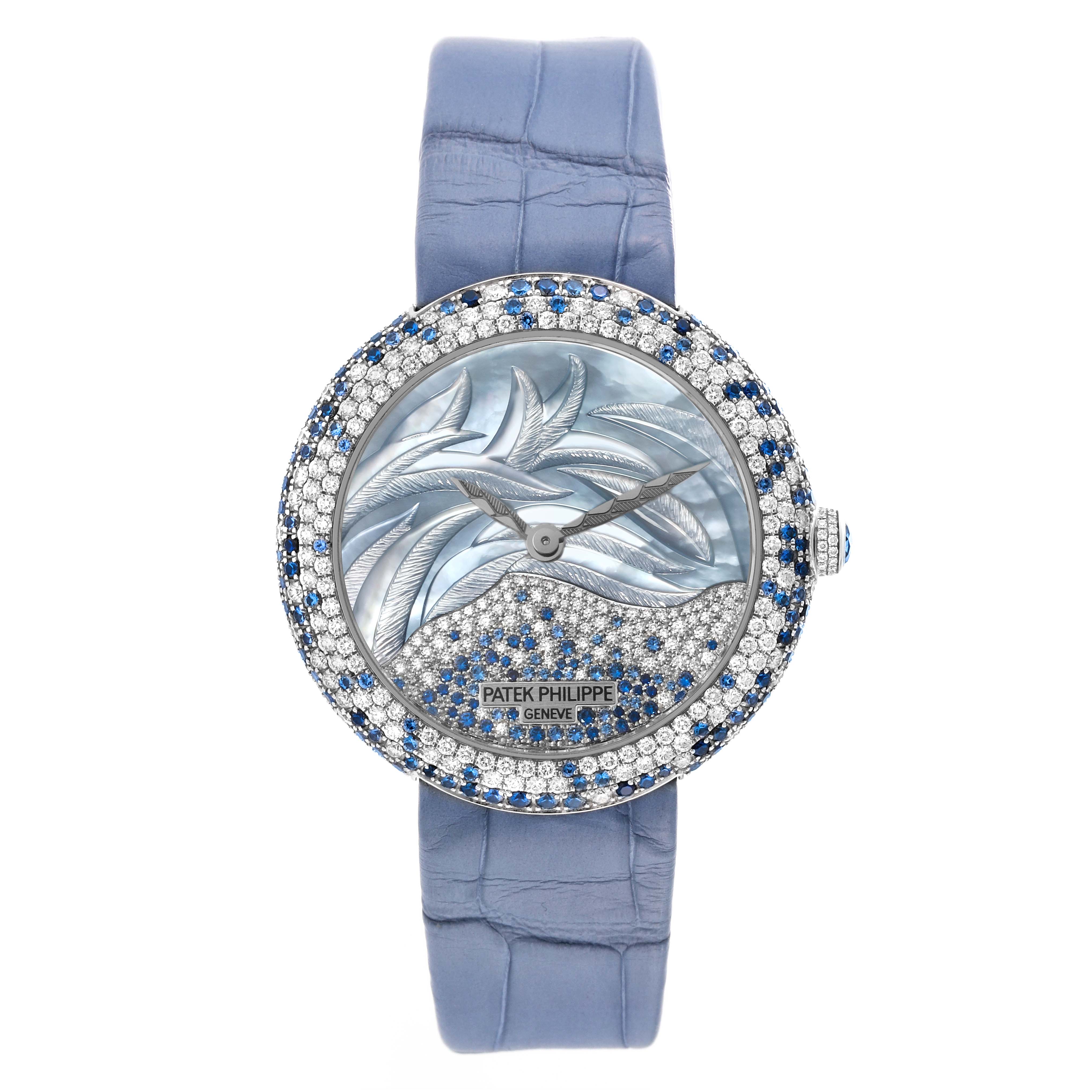 The image shows a front view of the Patek Philippe Calatrava 4899/901G Women's White Gold Mother of Pearl Dial 4899/901G Women's White Gold Mother of Pearl Dial watch featuring a detailed dial and diamond-encrusted bezel.