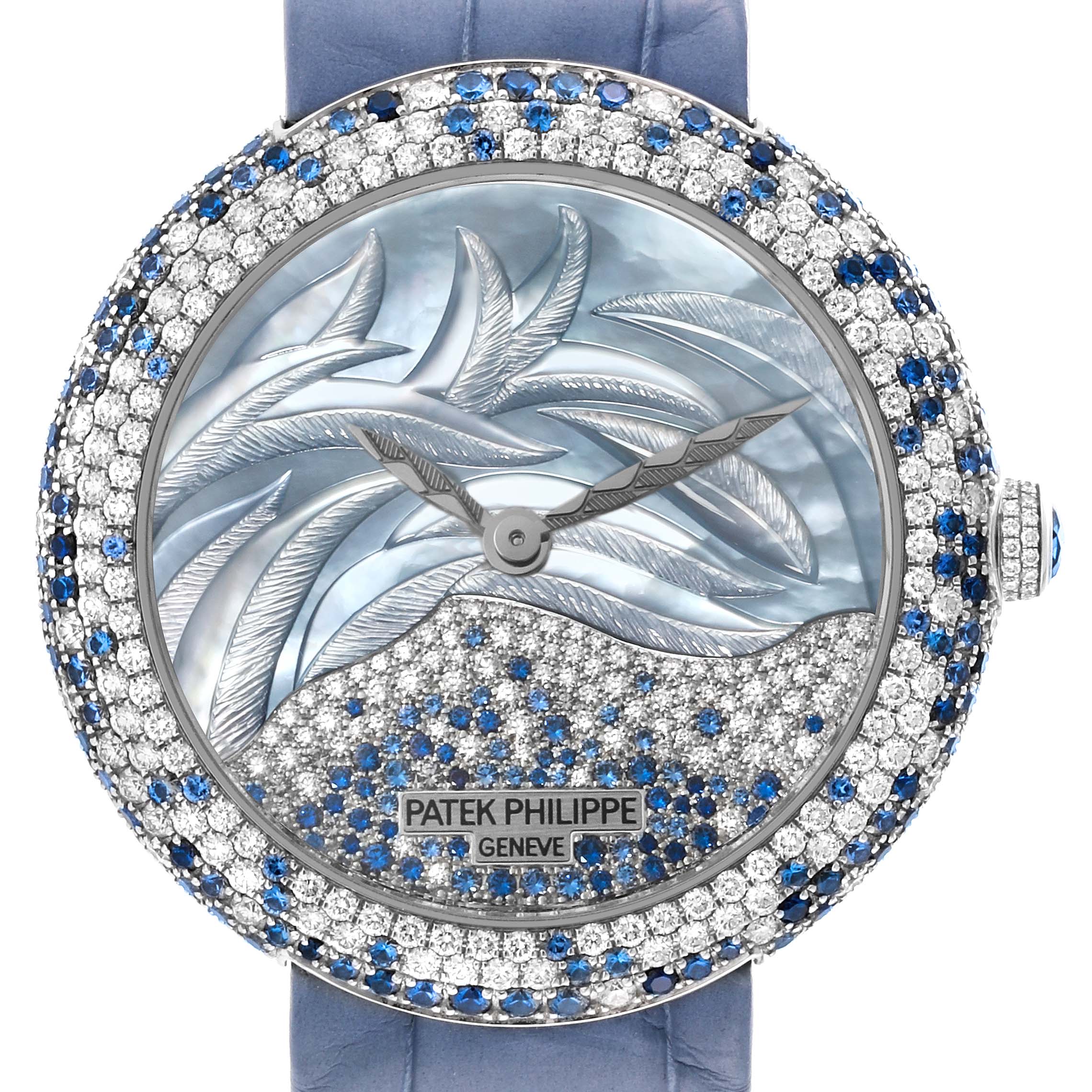 The image shows a front view of a Patek Philippe Calatrava 4899/901G Women's White Gold Mother of Pearl Dial 4899/901G Women's White Gold Mother of Pearl Dial watch, highlighting its intricate dial and diamond-studded bezel.