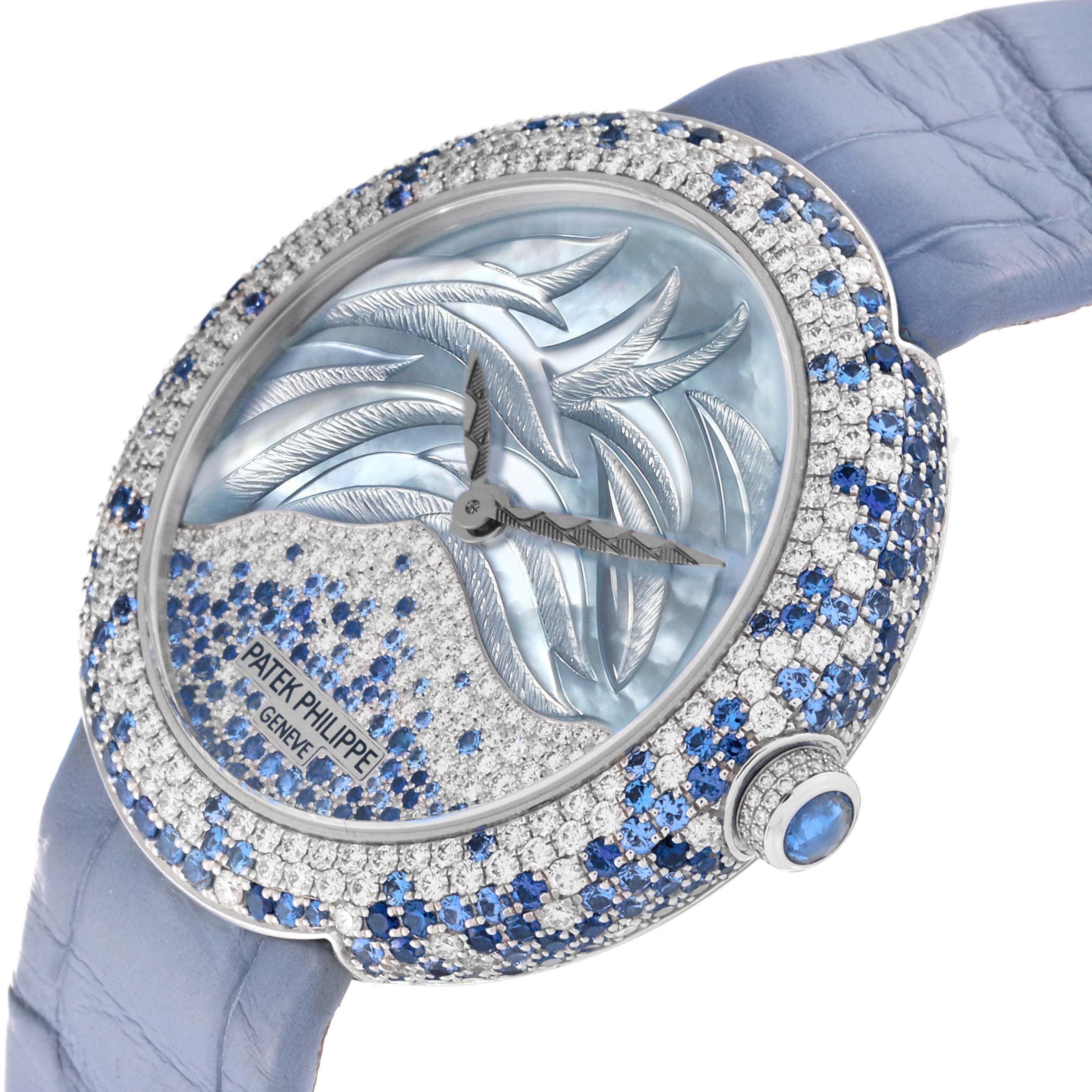 The Patek Philippe Calatrava 4899/901G Women's White Gold Mother of Pearl Dial 4899/901G Women's White Gold Mother of Pearl Dial watch is shown at an angled close-up, highlighting the intricate dial and jeweled bezel.