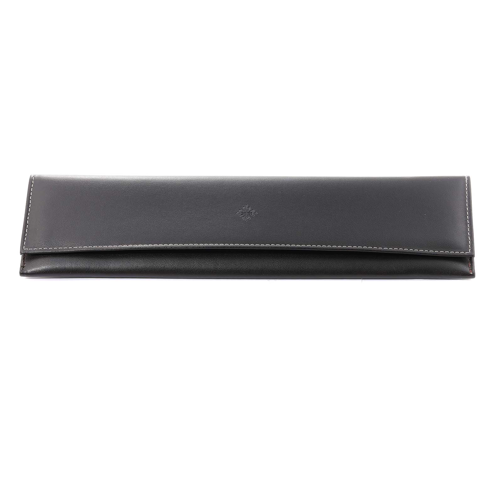 This image shows a black leather pouch, which is an accessory for the Patek Philippe Calatrava 4899/901G Women's White Gold Mother of Pearl Dial 4899/901G Women's White Gold Mother of Pearl Dial model watch.