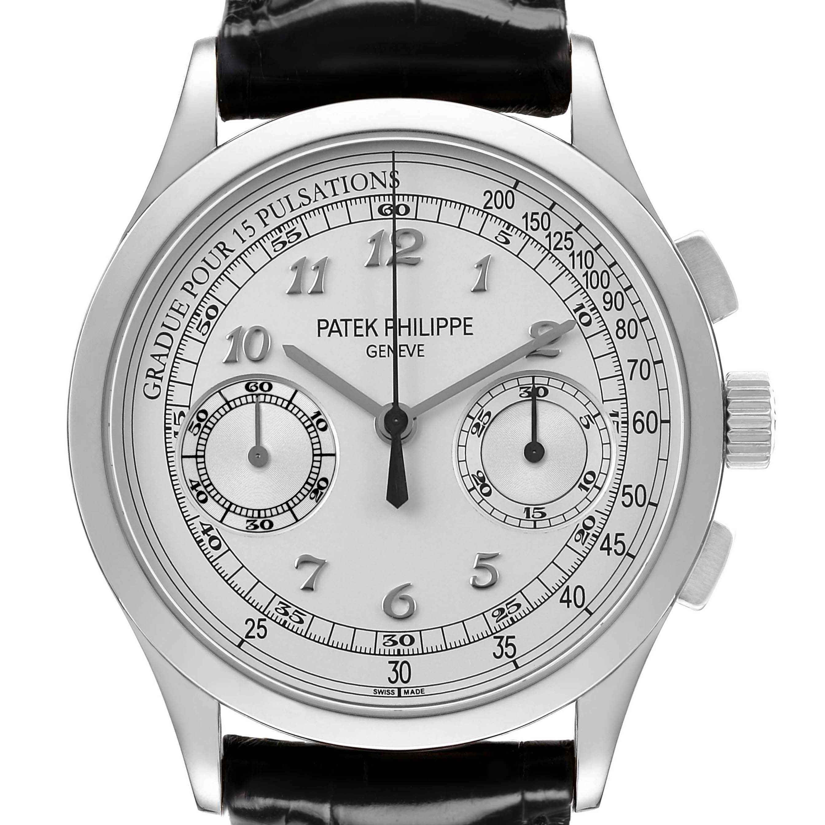 The image shows a Patek Philippe Complications 5170G-001 Men's White Gold White Dial watch from a front angle, highlighting the face, subdials, and crown.