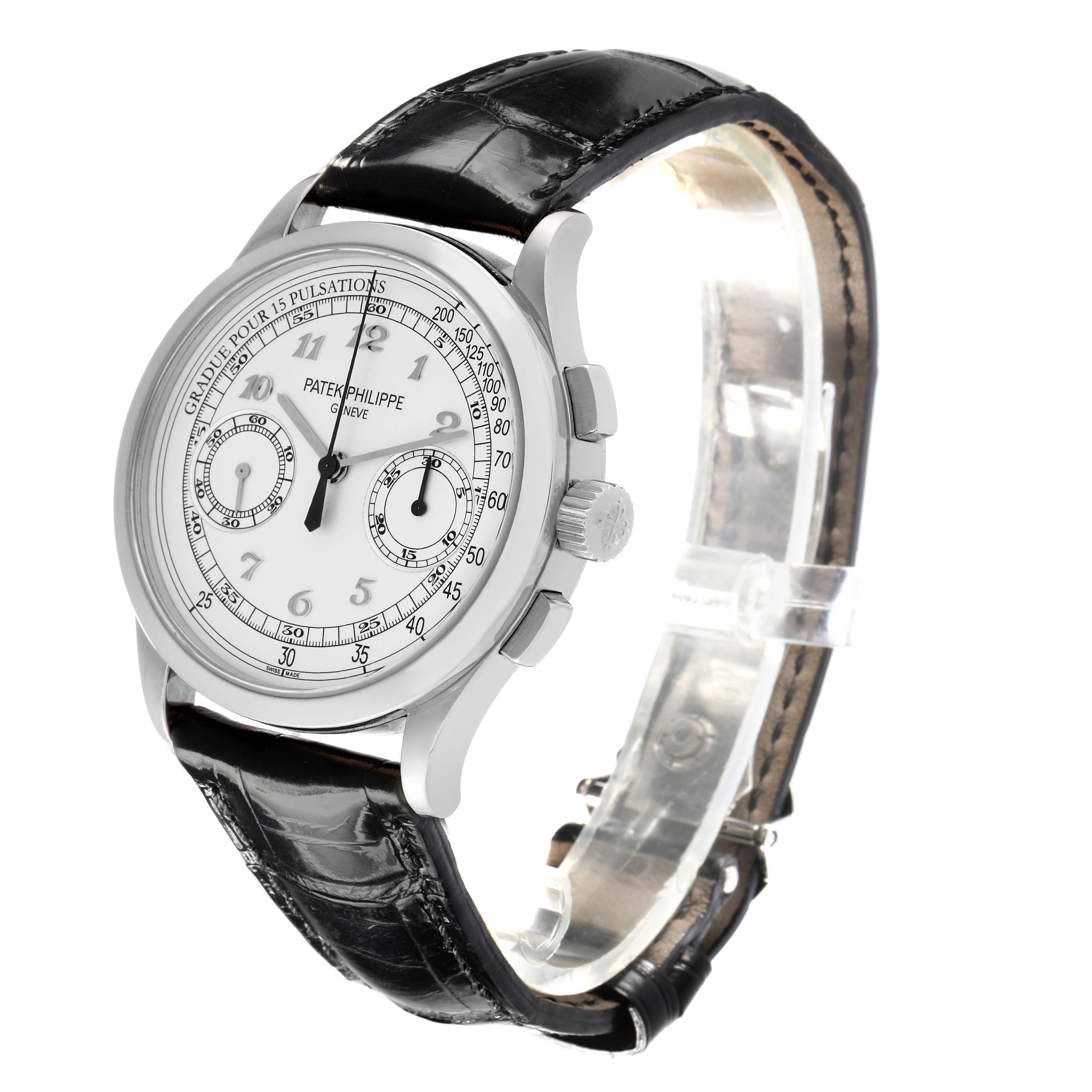 The Patek Philippe Complications 5170G-001 Men's White Gold White Dial watch is shown from a three-quarter angle, displaying the face, bezel, crown, and part of the strap.