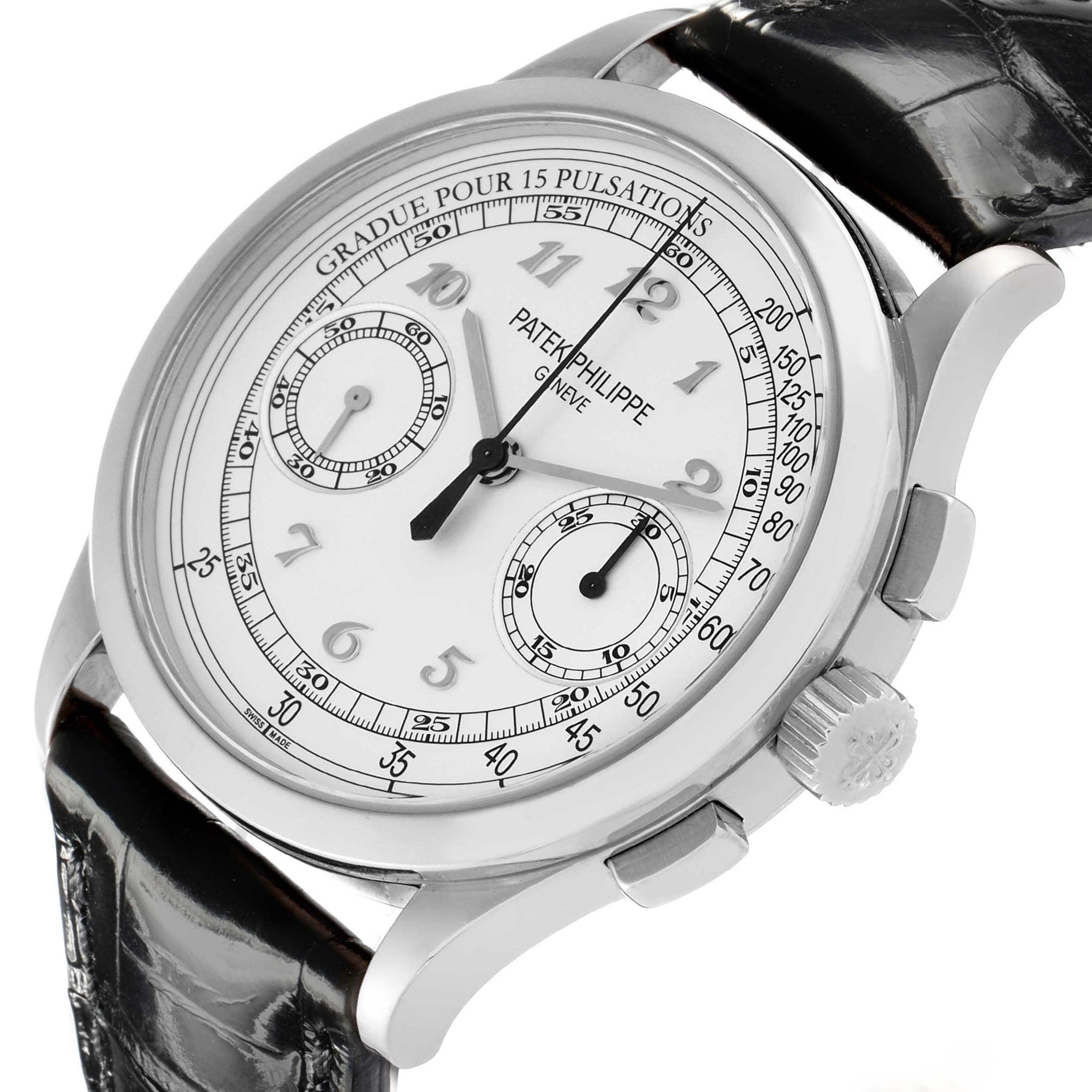 The Patek Philippe Complications 5170G-001 Men's White Gold White Dial watch is shown from an angled view, highlighting the dial, subdials, crown, and leather strap.